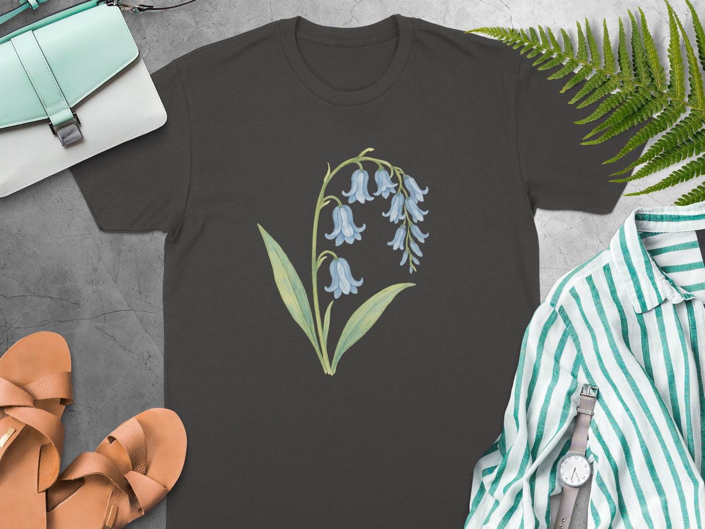 Blue Floral Design on Black Background T-shirt Product