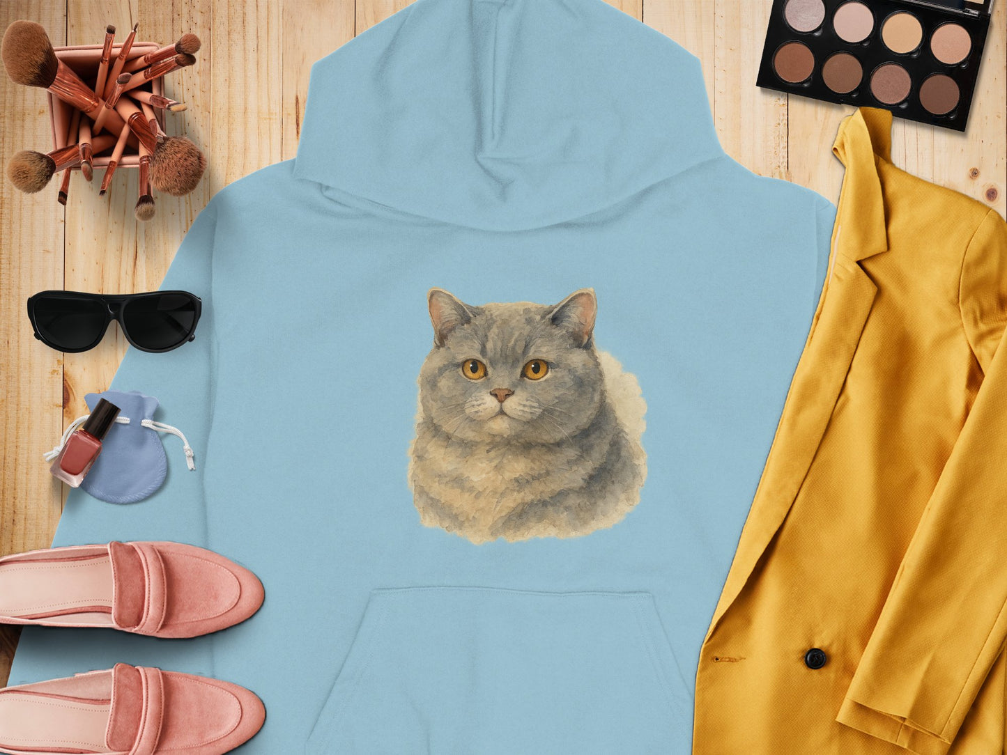 Cute Cat Print Blue Hoodie Stylish Casual Product
