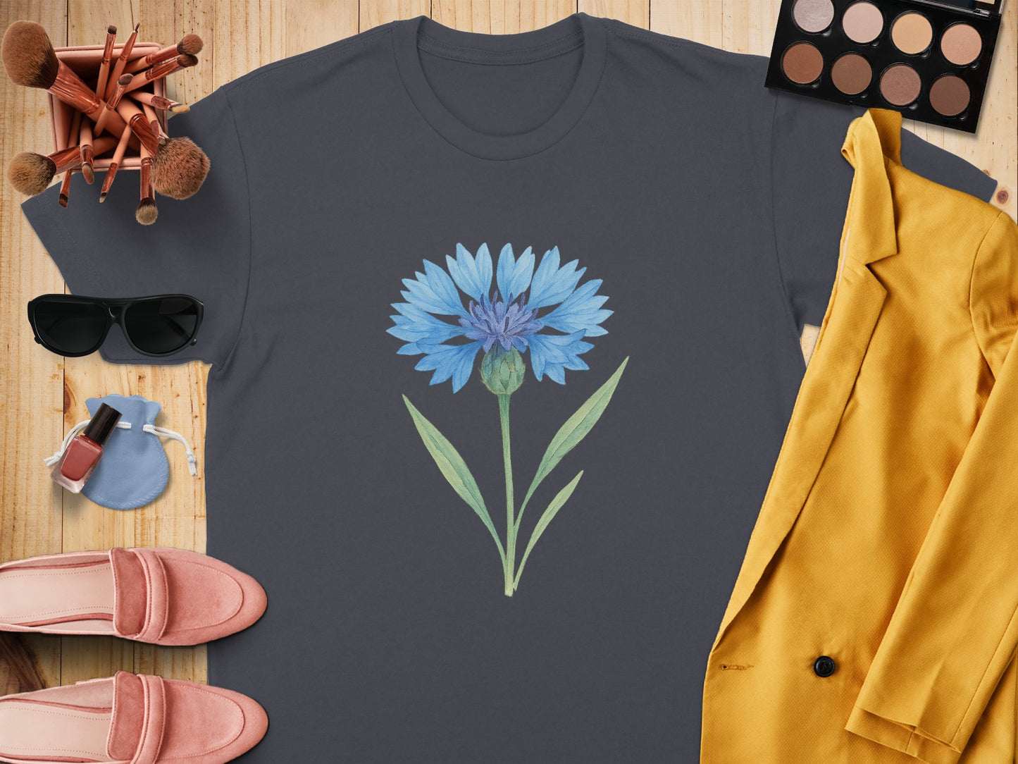 Blue Flower Graphic Print Black T-shirt product