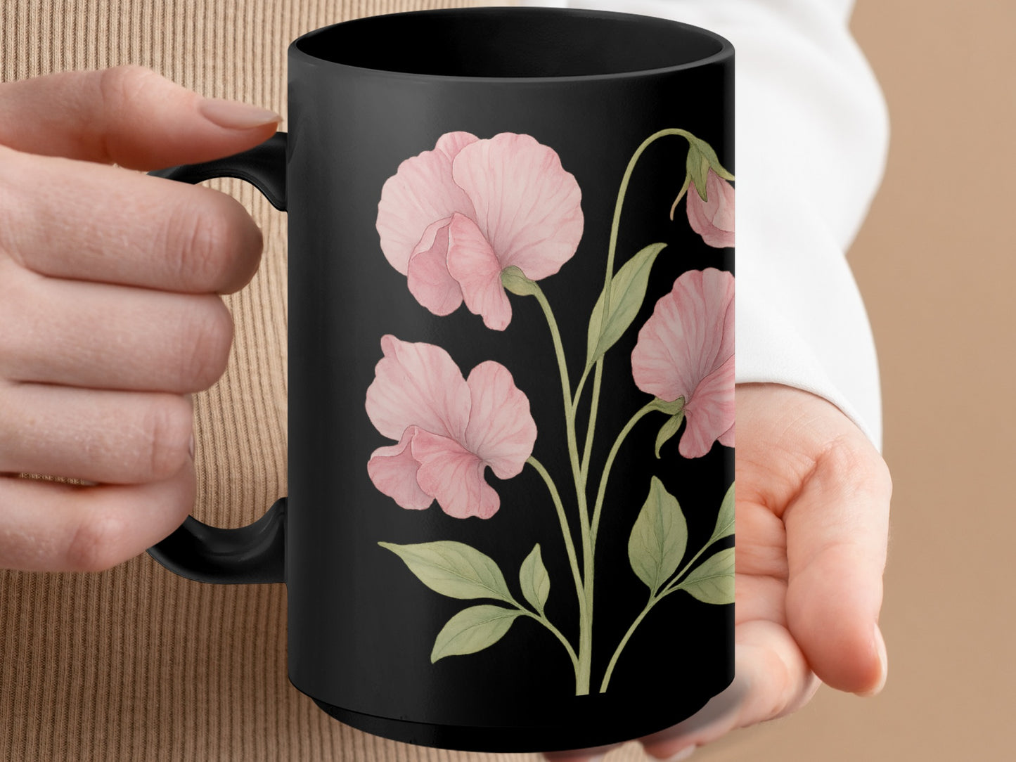 Elegant Floral Design on Black Ceramic Mug product
