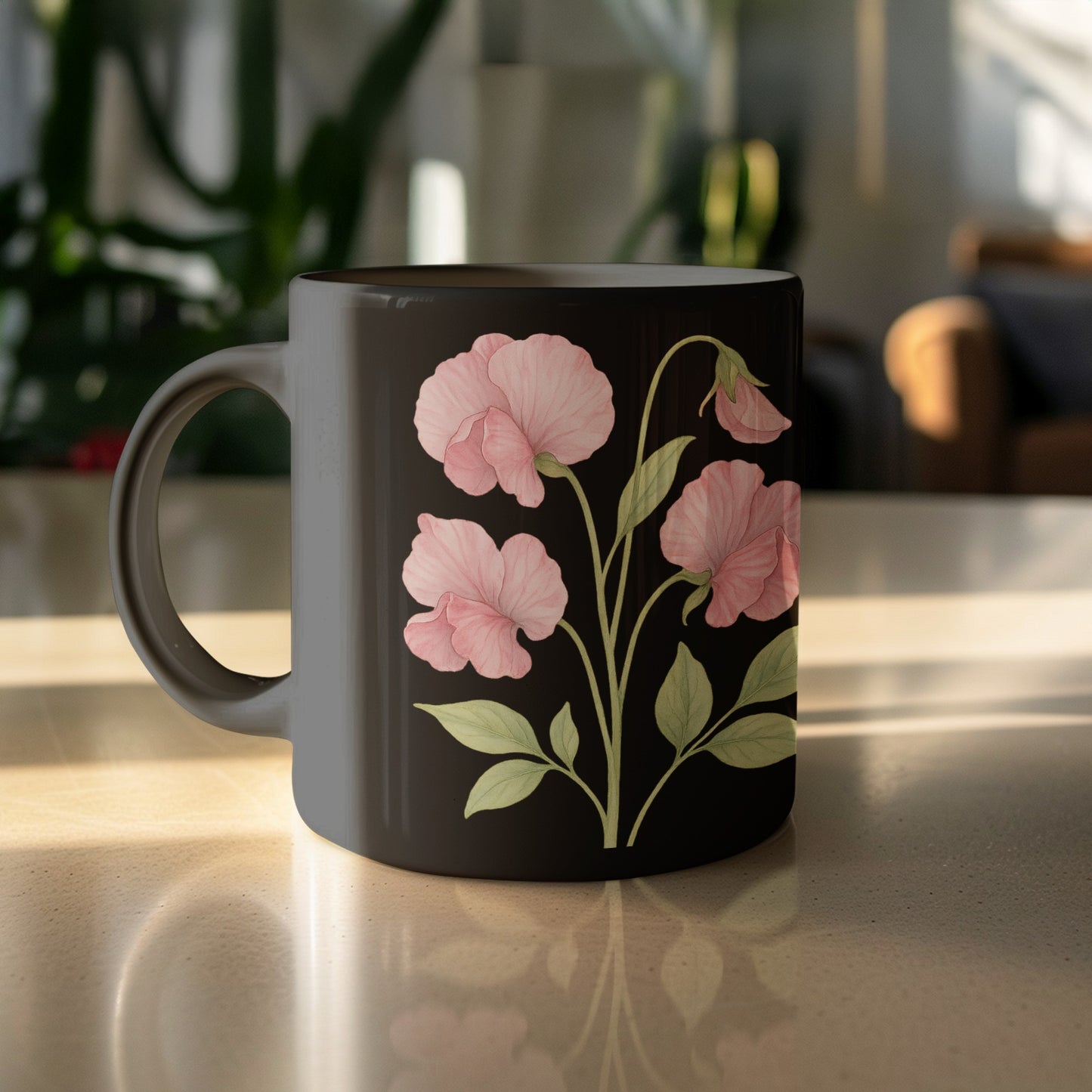 Pink Floral Design on Black Ceramic Mug product
