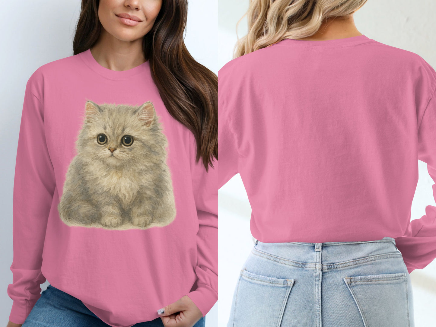 Cute Fluffy Kitten Graphic Long Sleeve Pink Shirt product