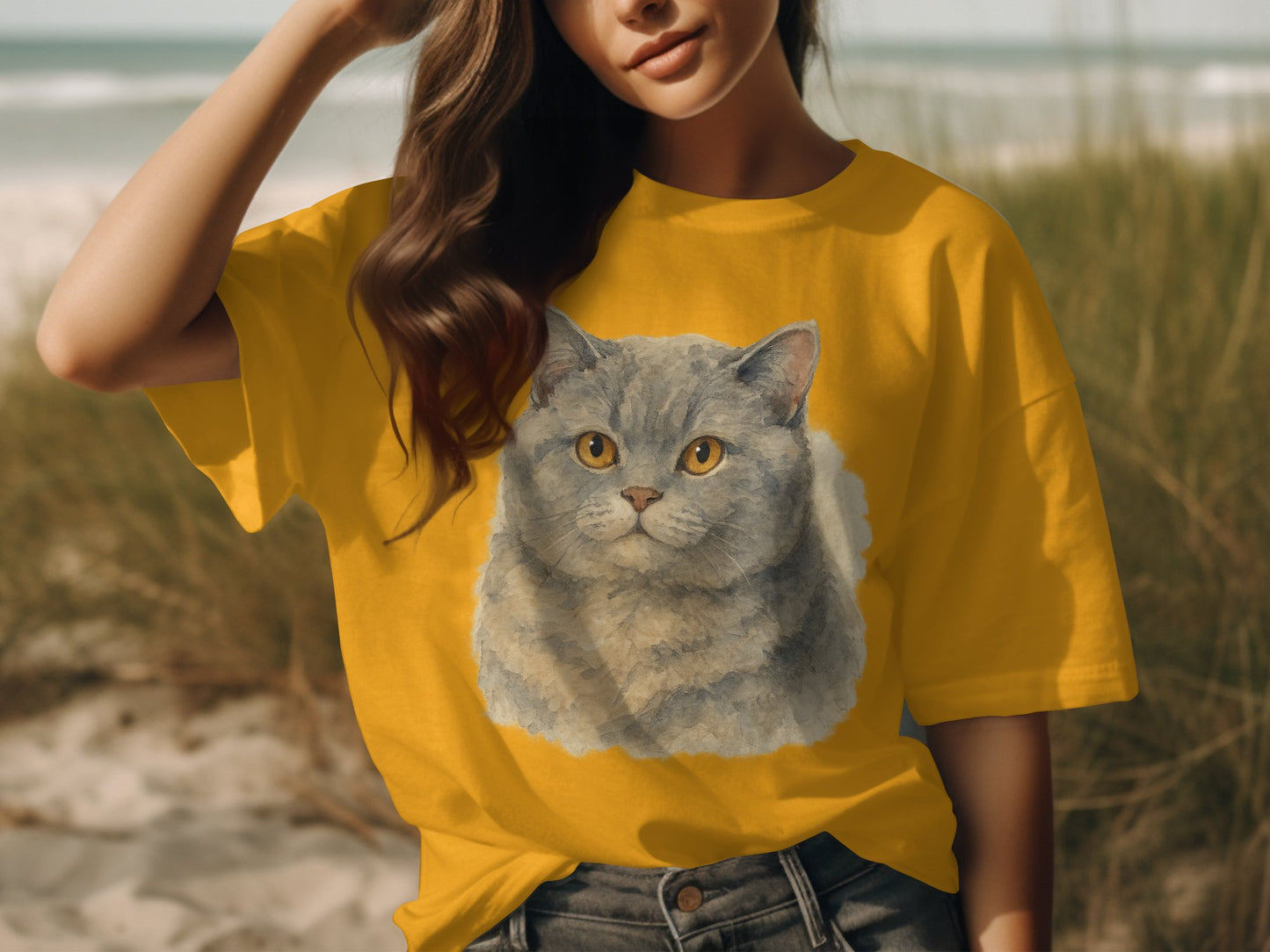Cat Face Printed Yellow T-Shirt Casual Fashion product type