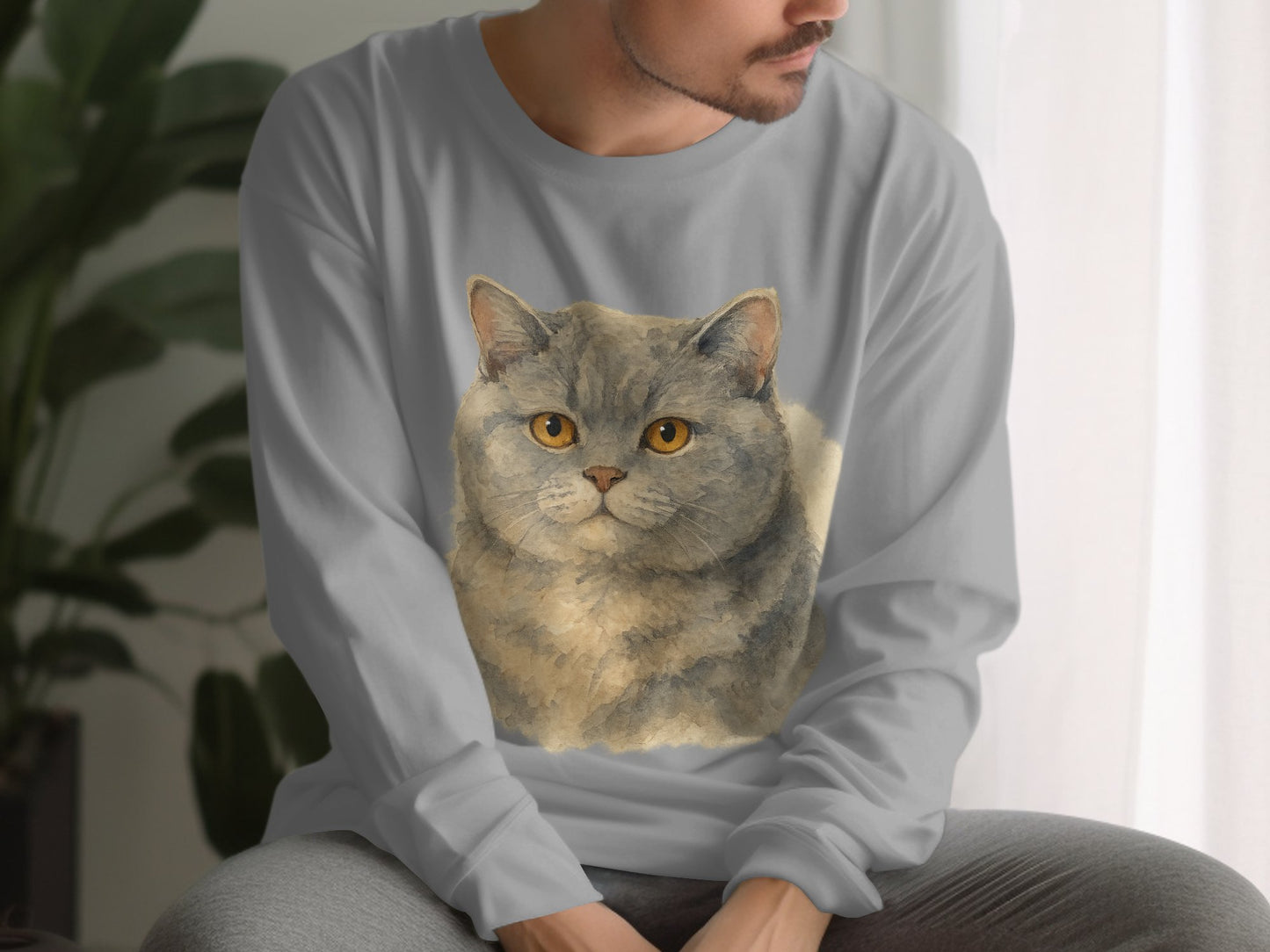 Cozy Light Gray Long Sleeve Shirt Cat Design product type