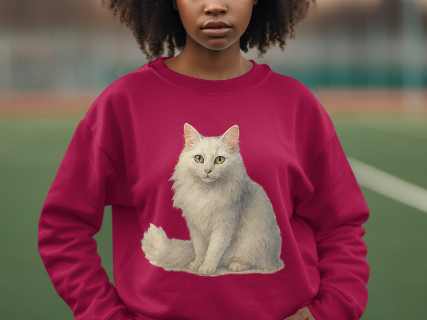 Cozy red sweatshirt with fluffy white cat print product