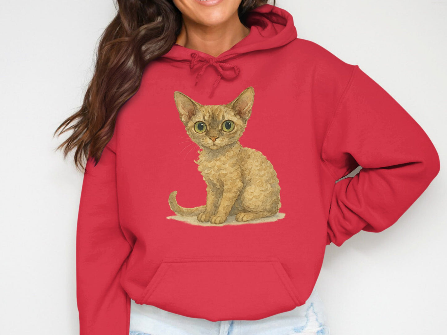 Cute Cartoon Cat Print on Cozy Red Hoodie product