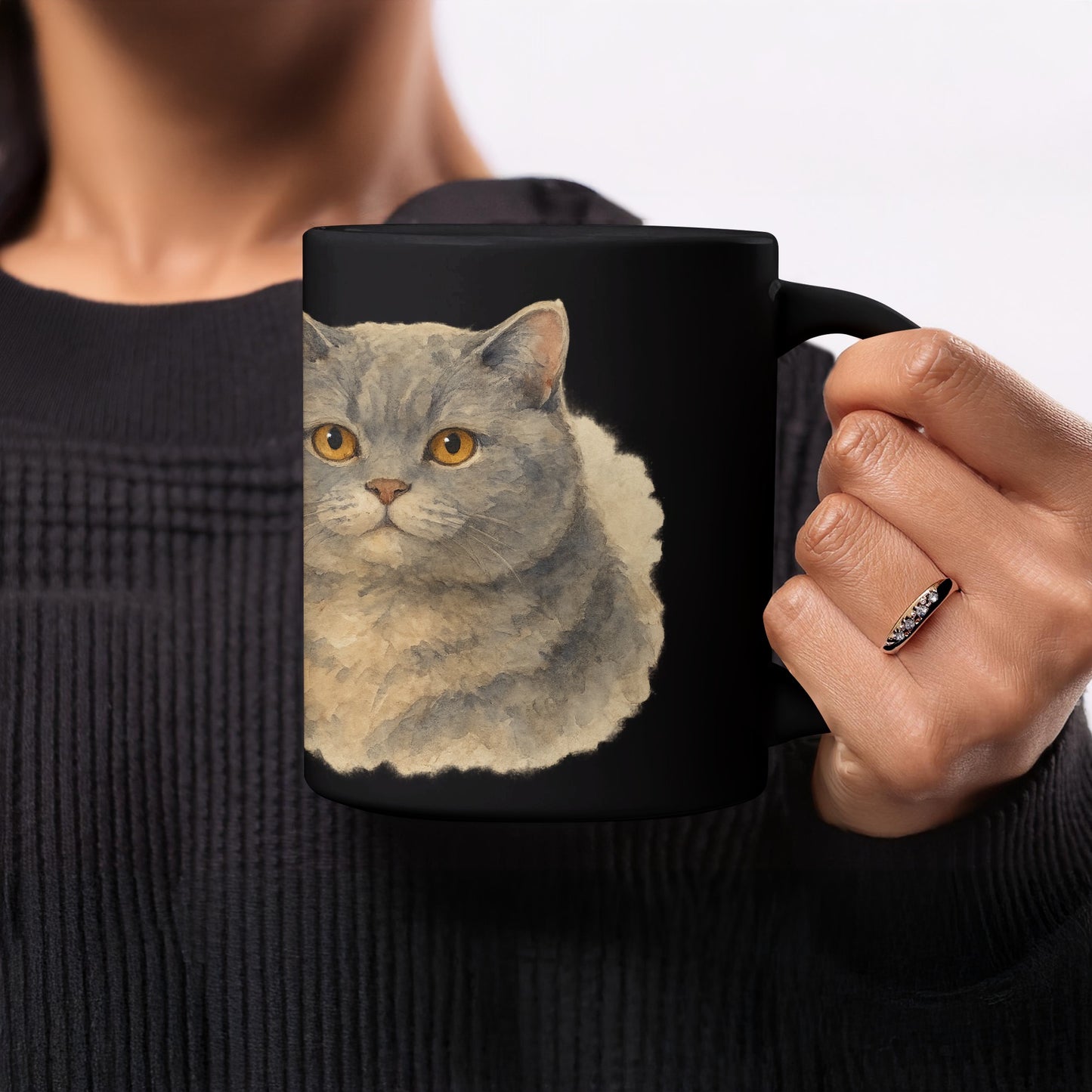 Cute Gray Cat Artwork on Black Mug product