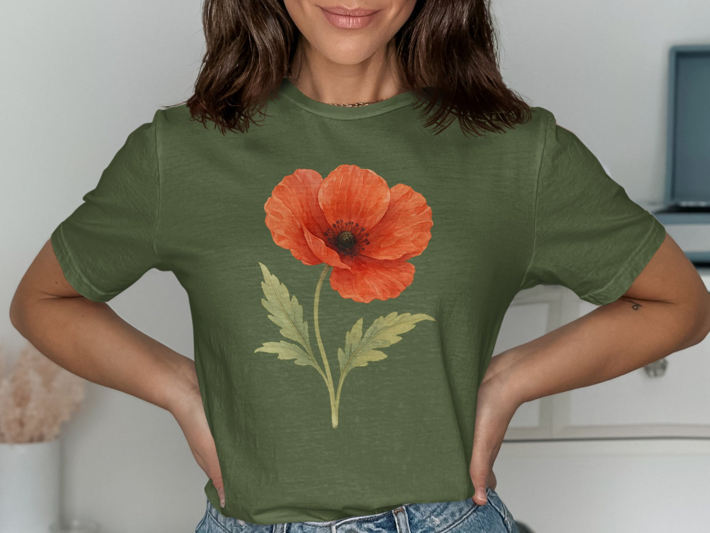 Beautiful Red Flower Design on Green T-Shirt product type