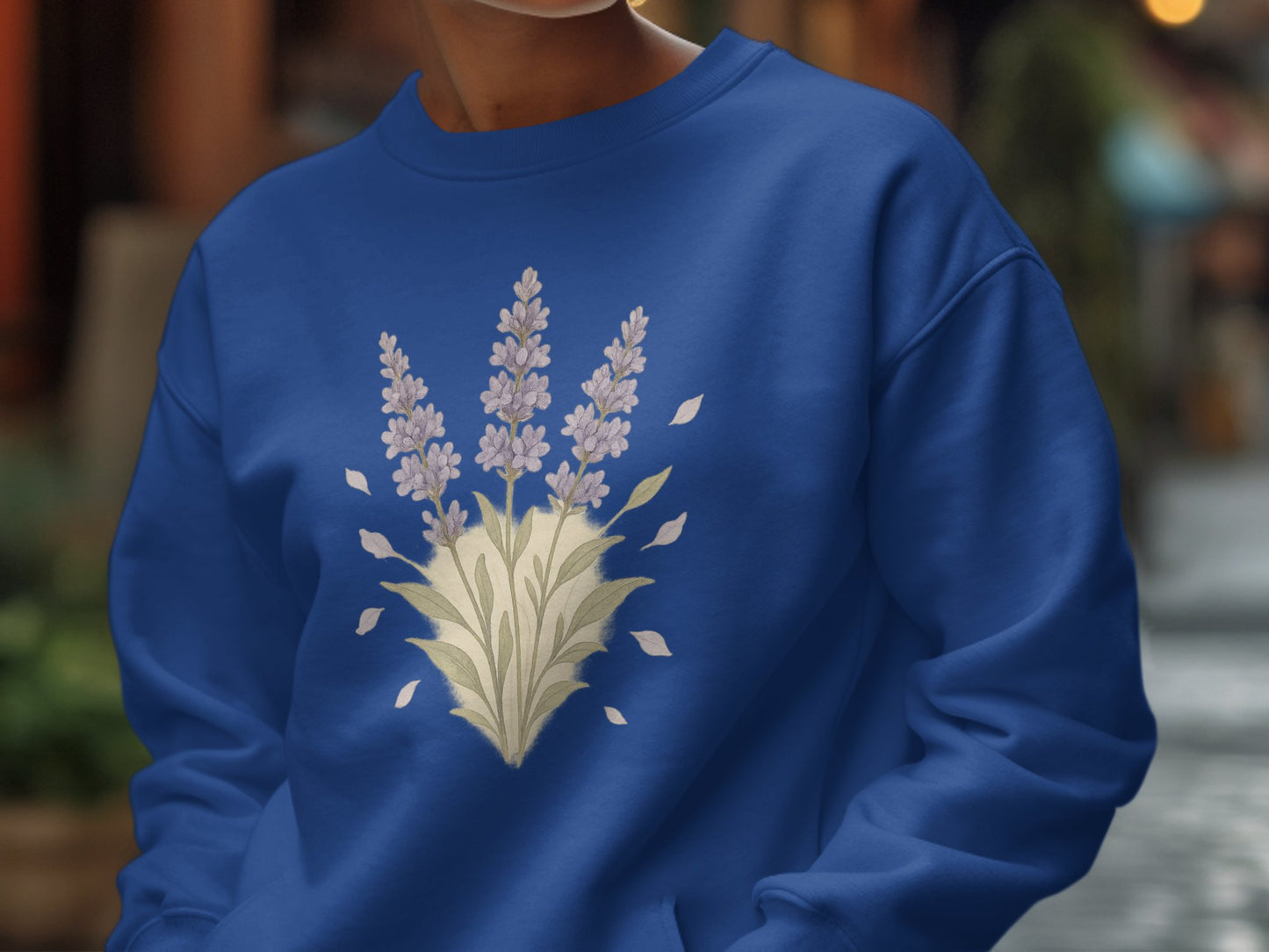 Blue Sweatshirt with Lavender Flowers Print product