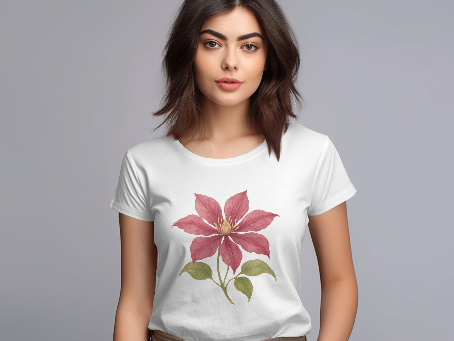 Pink Clematis Floral Graphic White TShirt product type