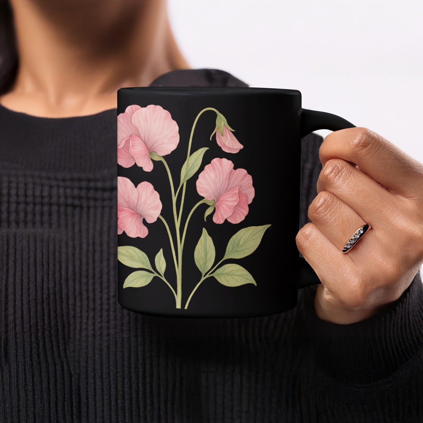 Elegant Floral Black Coffee Mug with Pink Blooms product
