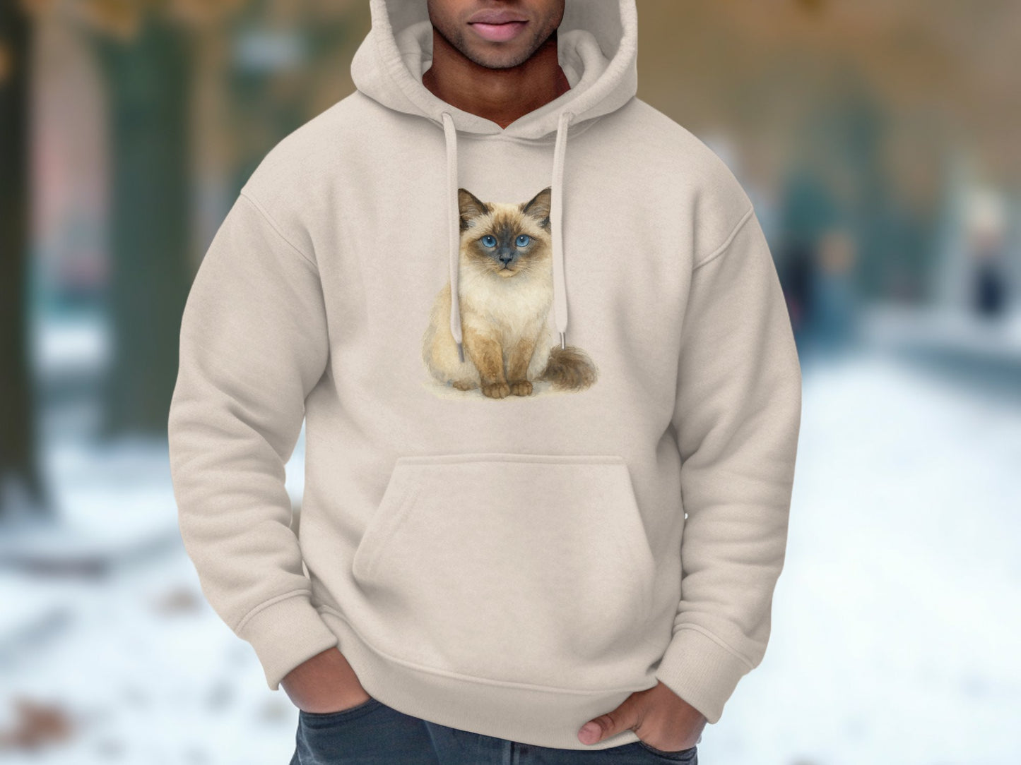Cozy Beige Hoodie Featuring Blue-Eyed Cat Graphic product type