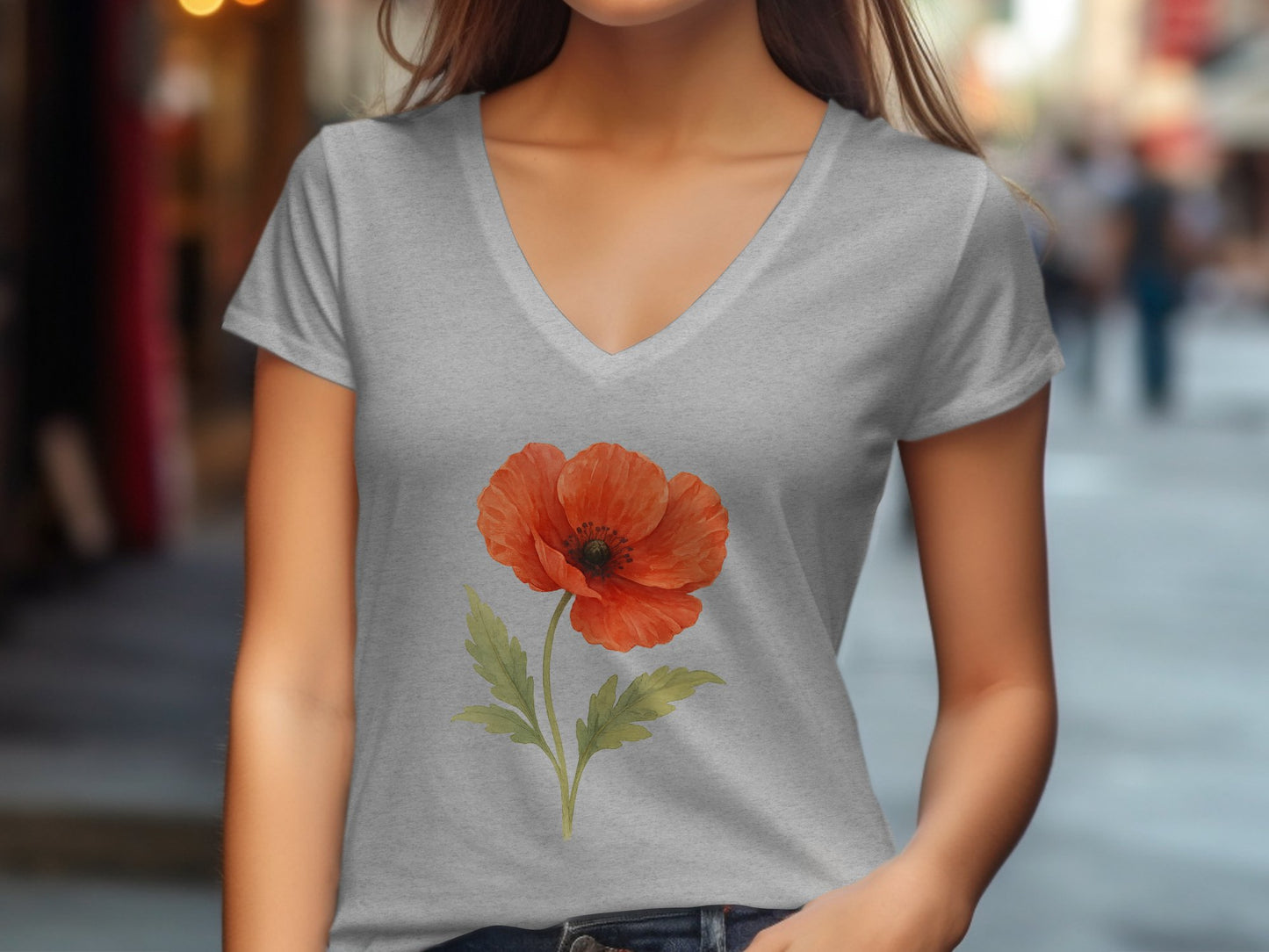 Beautiful Poppy Flower Design on Grey V Neck T-shirt product