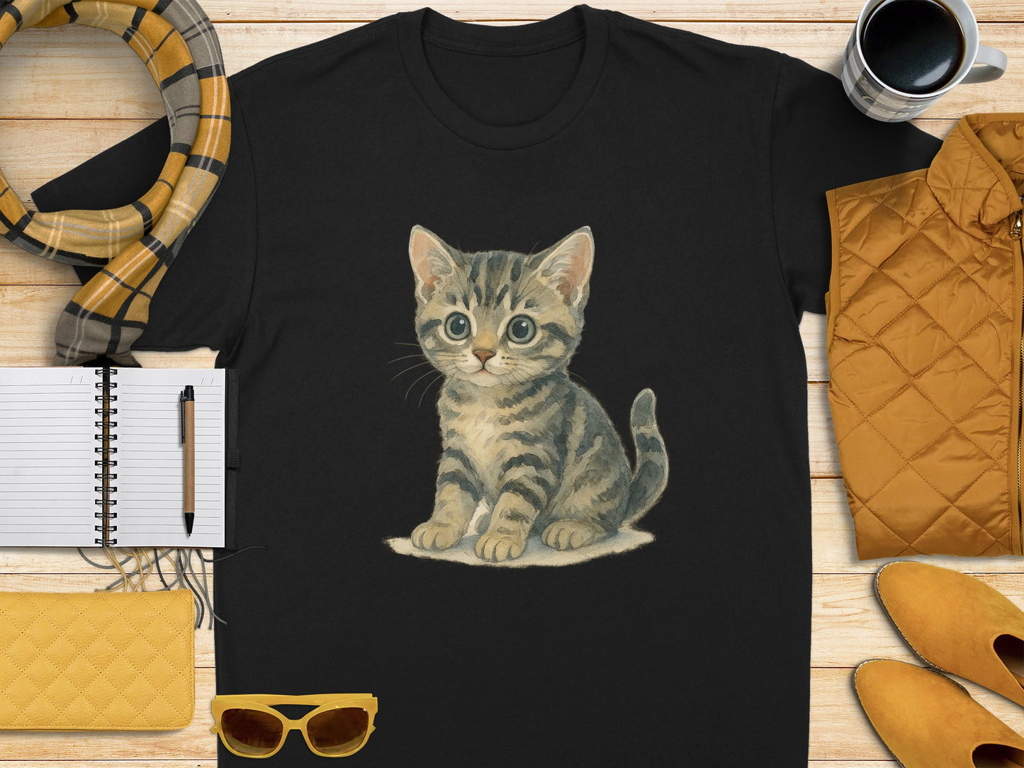 Adorable Kitten Graphic on Black T-shirt product type