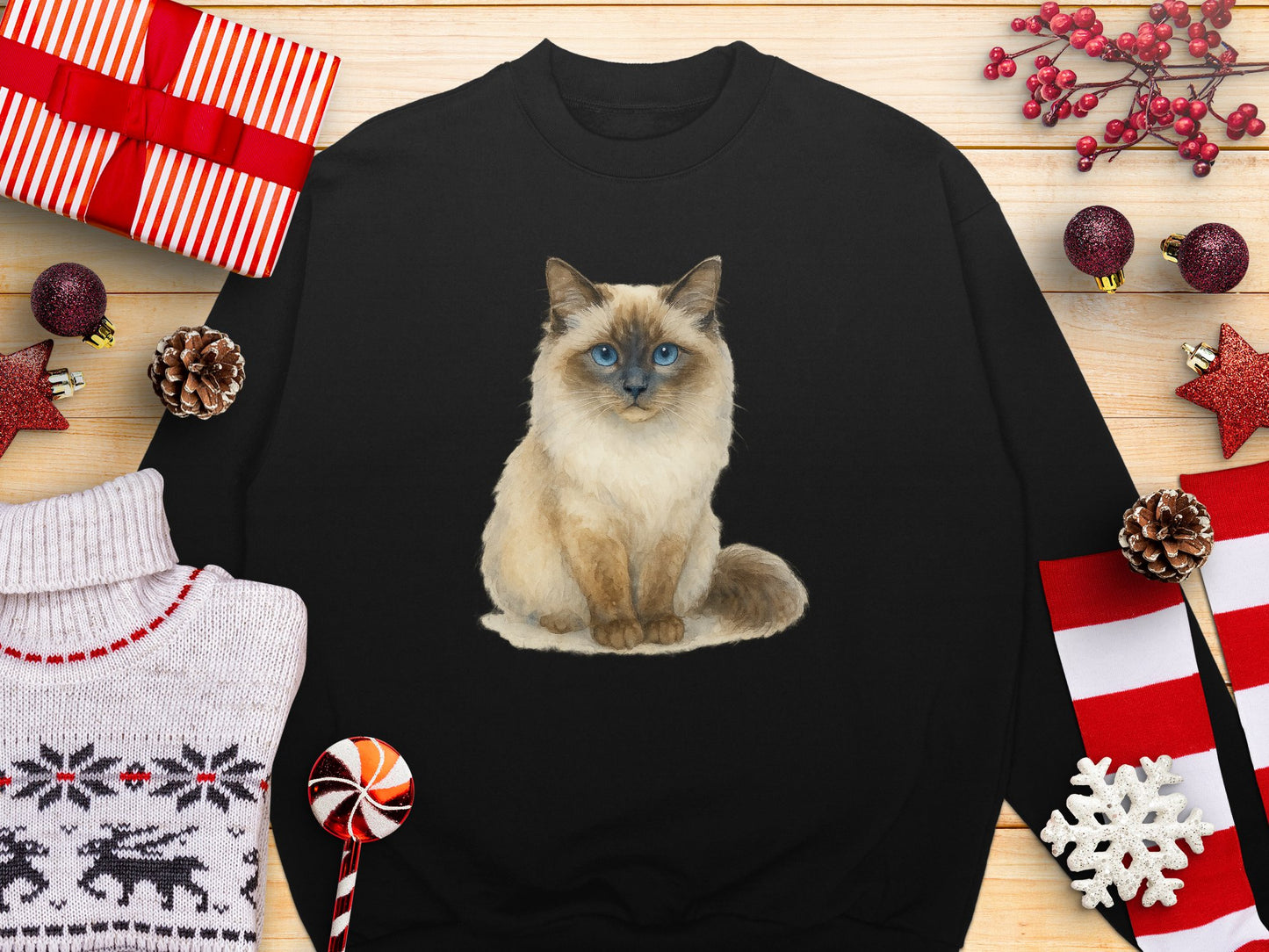 Cute Blue-eyed Cat with Holiday Motifs Graphic Sweatshirt Product
