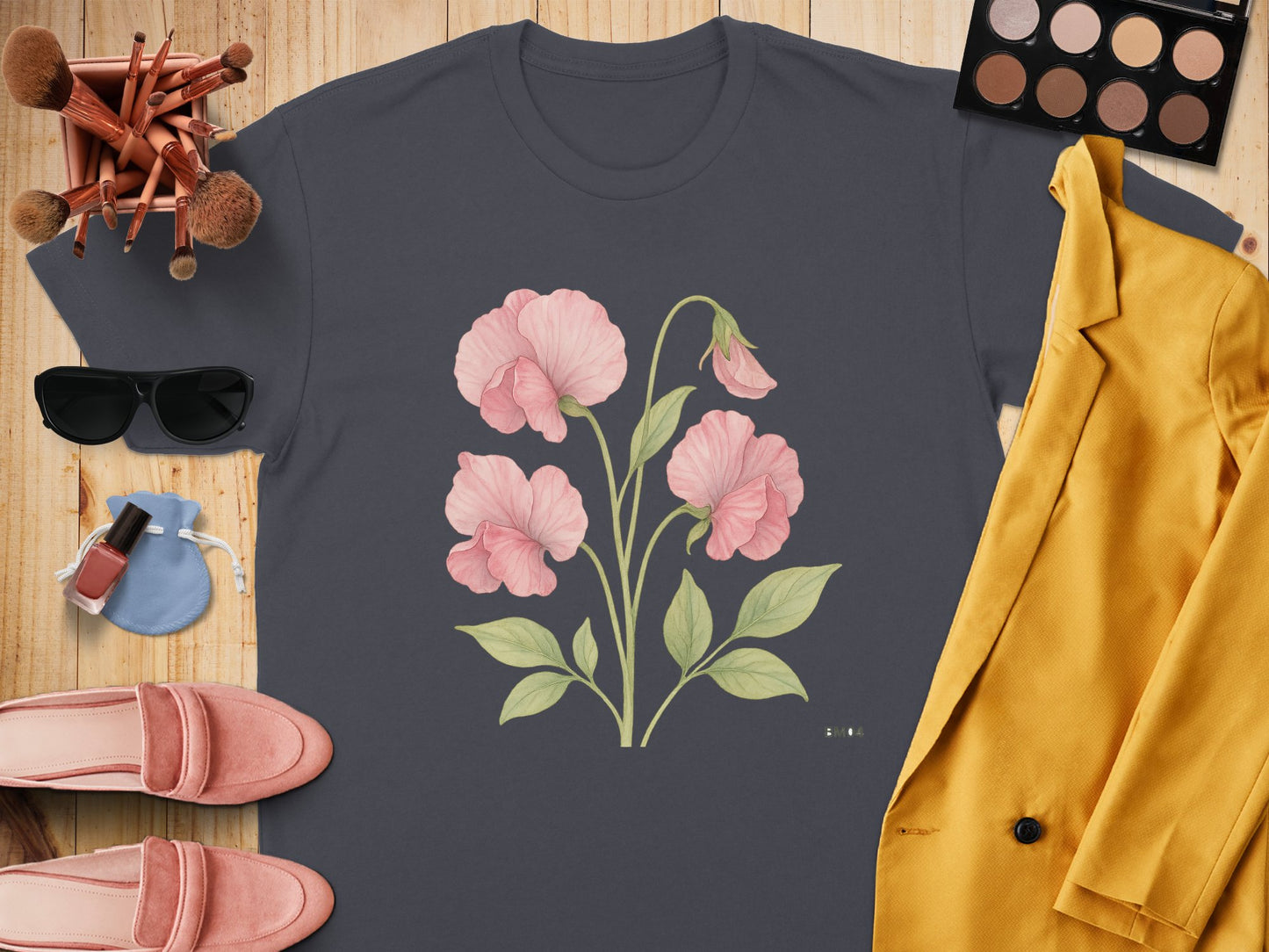 Beautiful Pink Floral Design on Black T-Shirt product type