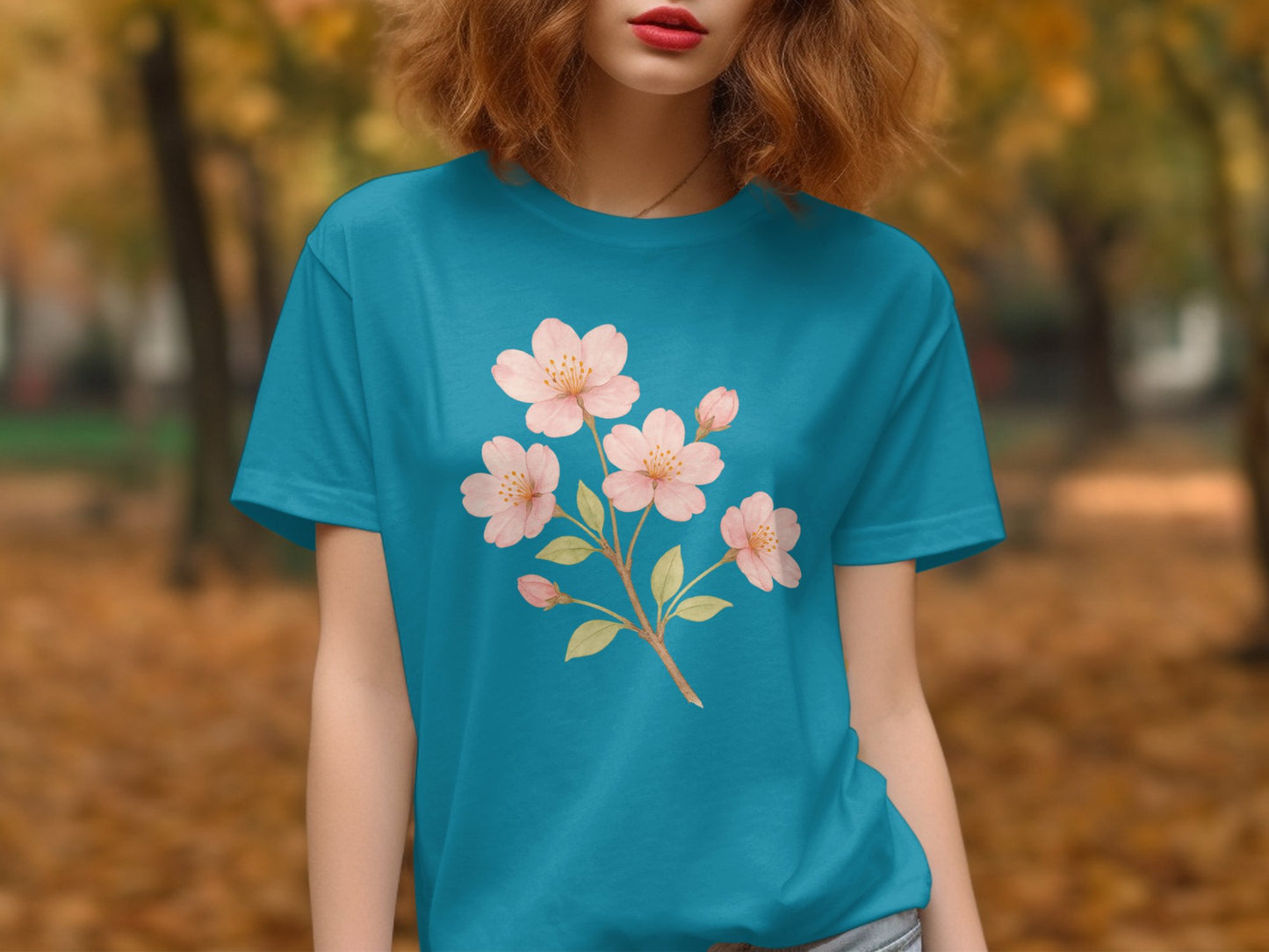 Cherry Blossom Print on Blue Casual T-Shirt product type