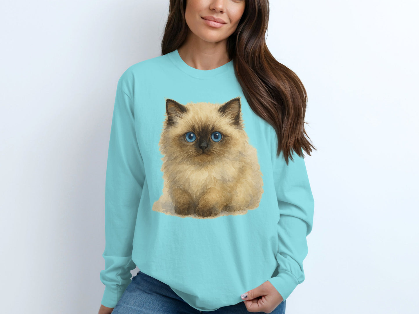 Fluffy Blue-eyed Cat Print on Blue Long Sleeve product type