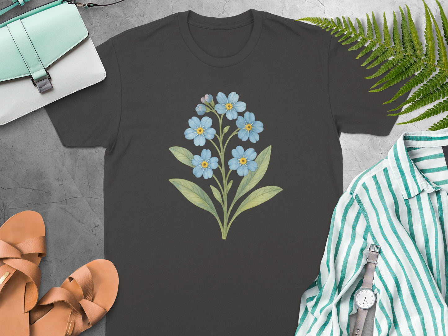 Beautiful Blue Flower Designs on Black Shirt product