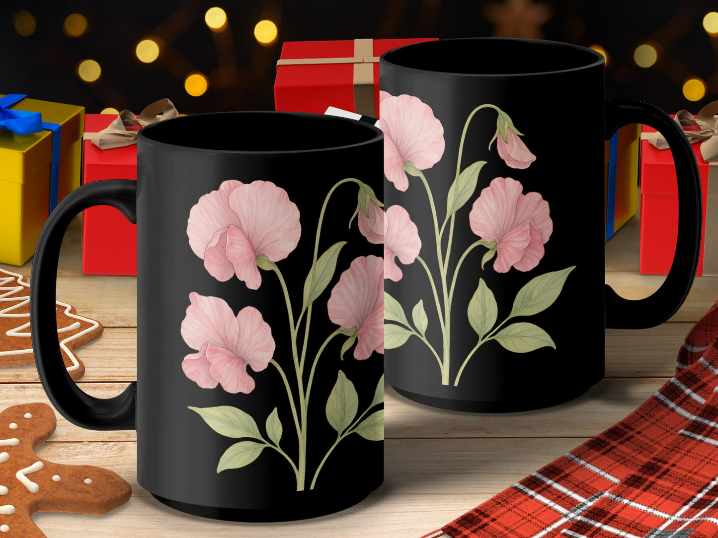 Festive Floral Black Mug with Pink Flowers product type