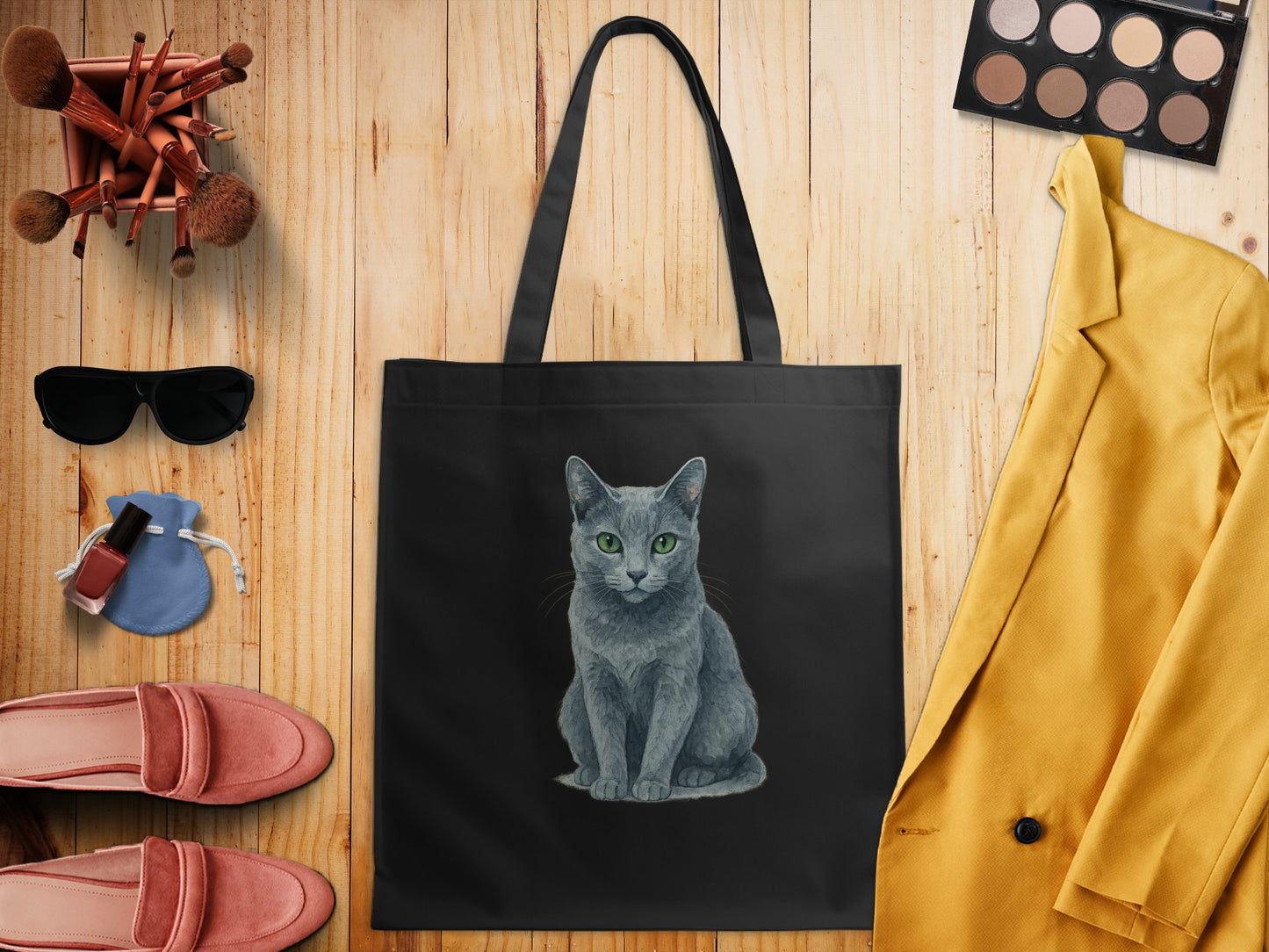 Stylish Black Tote Bag with Gray Cat Print product type
