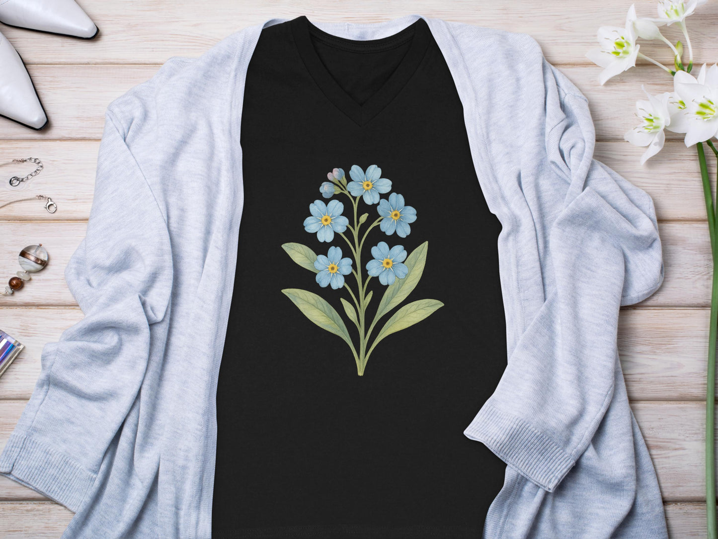 Elegant Blue Floral Design V Neck Black T Shirt product