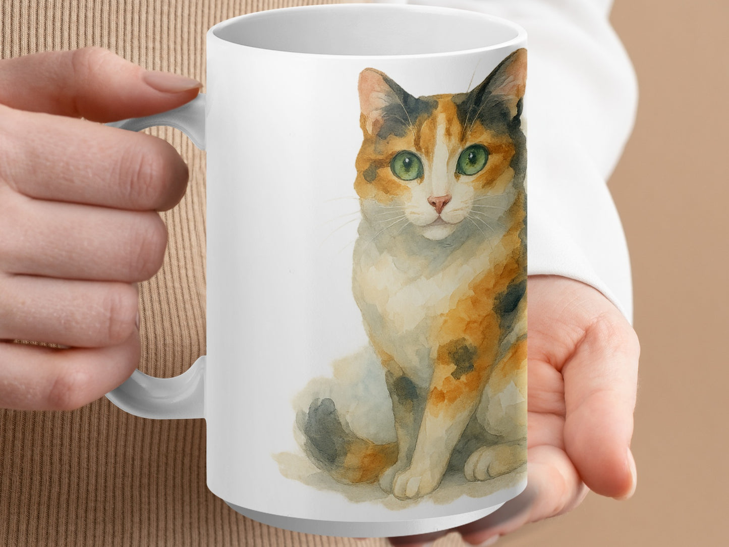 Adorable Calico Cat Illustration on Drinkware product type