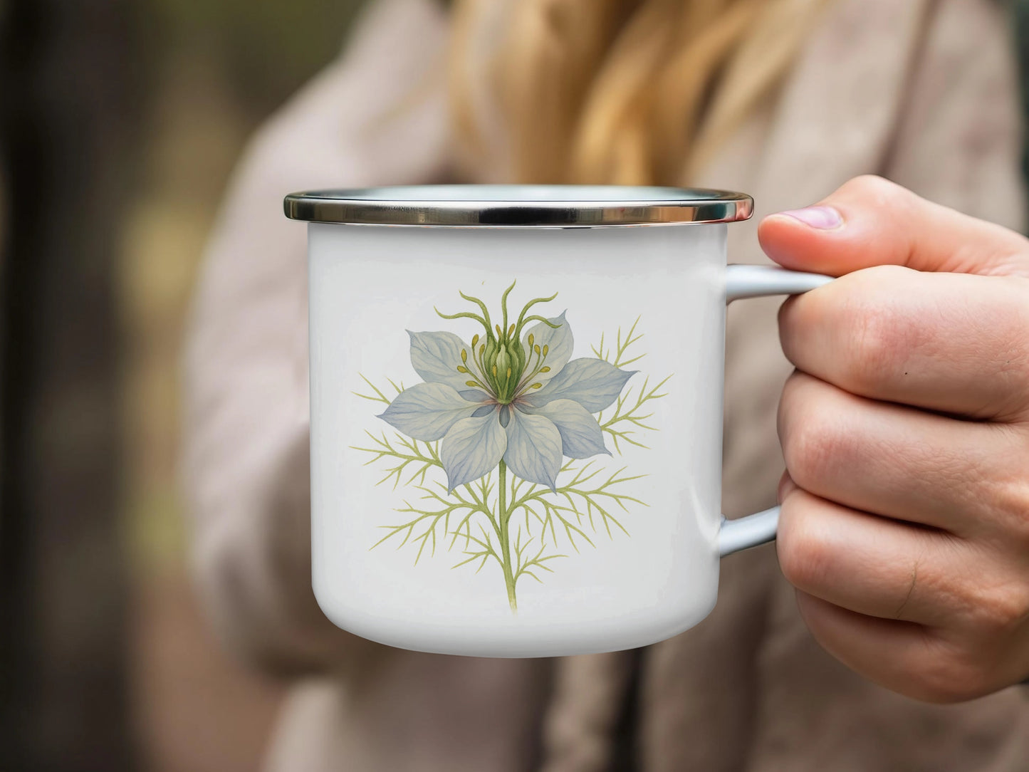 Beautiful White Flower Designed Enamel Camping Mug product