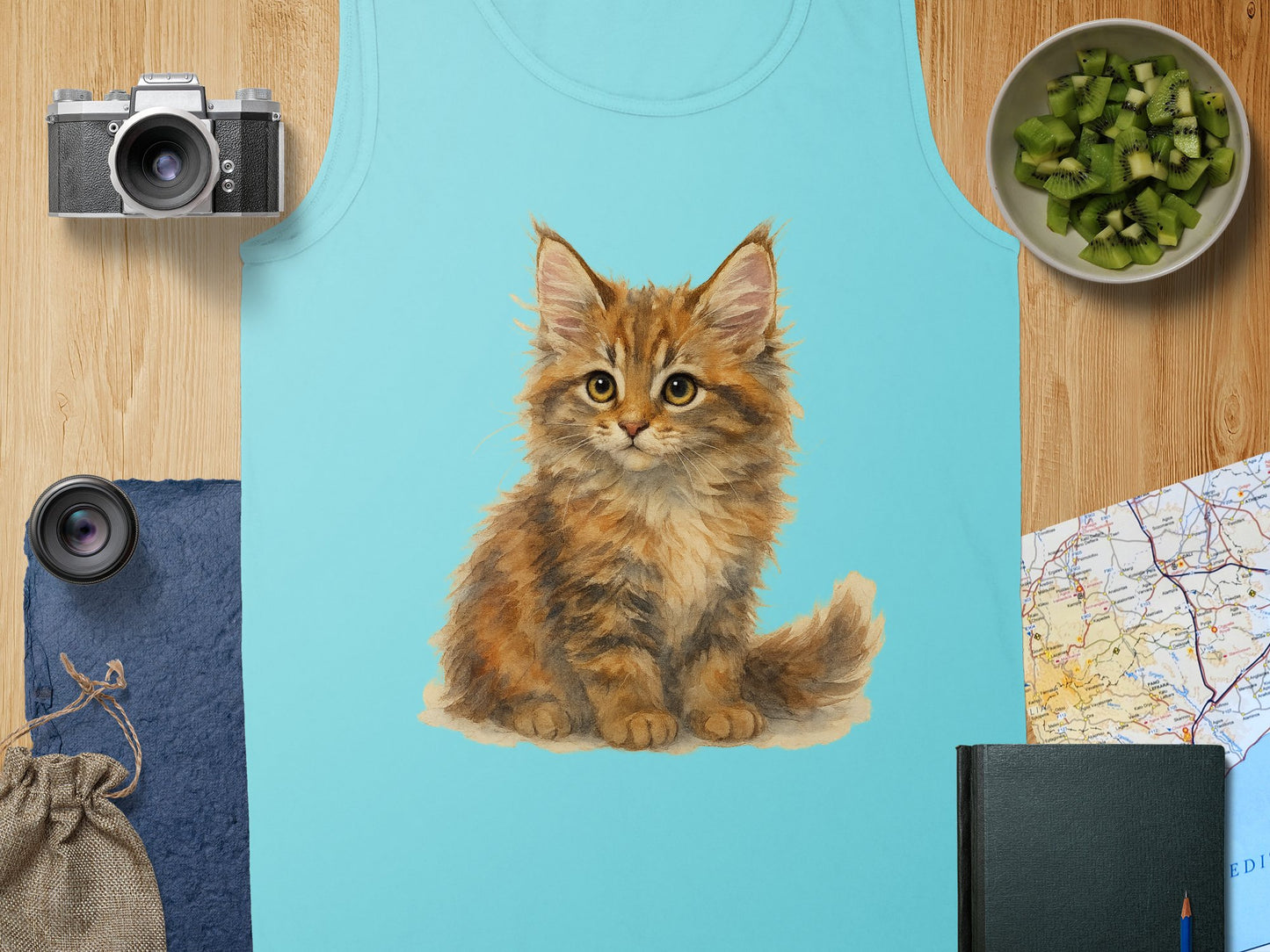 Cute Fluffy Kitten Print on Light Blue Tank product type