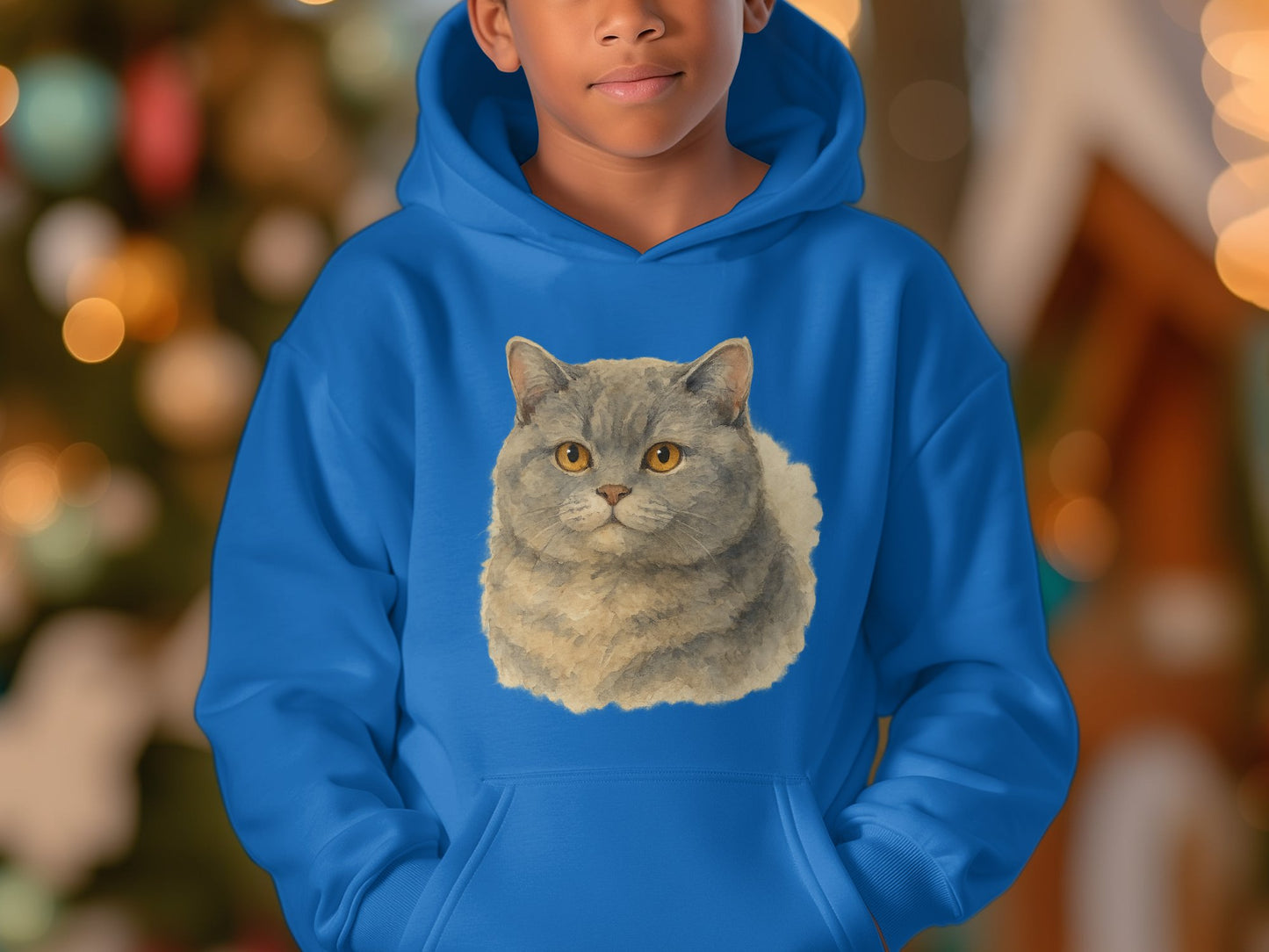 Cute Cat Illustration on Cozy Blue Hoodie product type