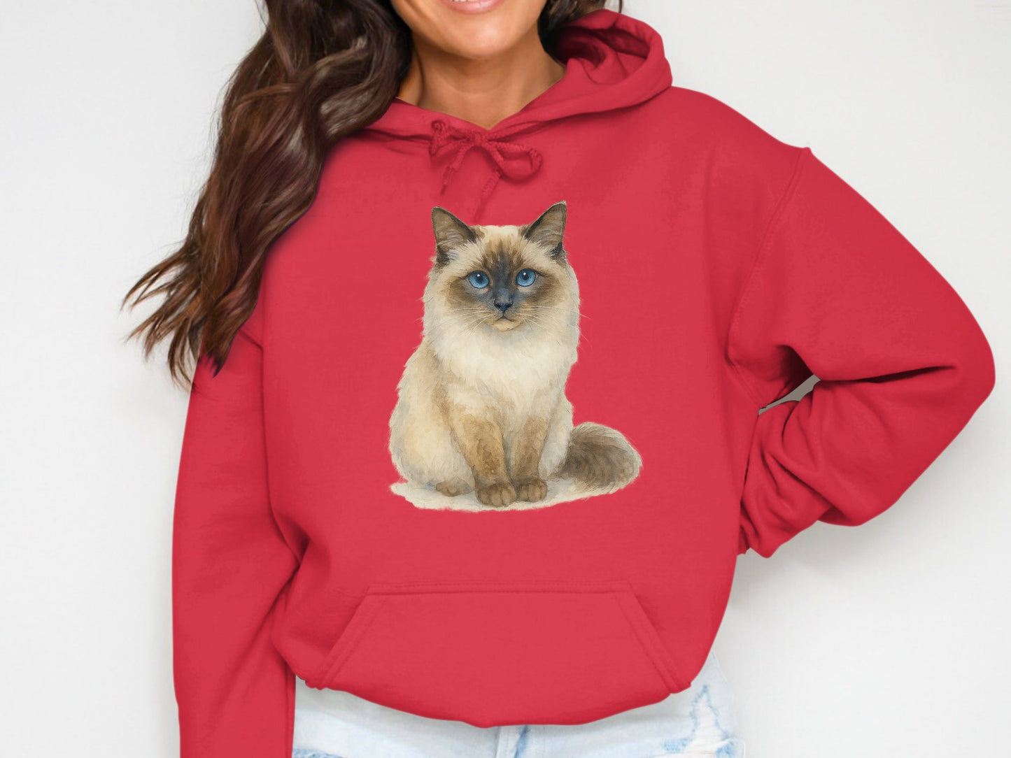Cute Blue-Eyed Cat Illustration on Red Hoodie product type