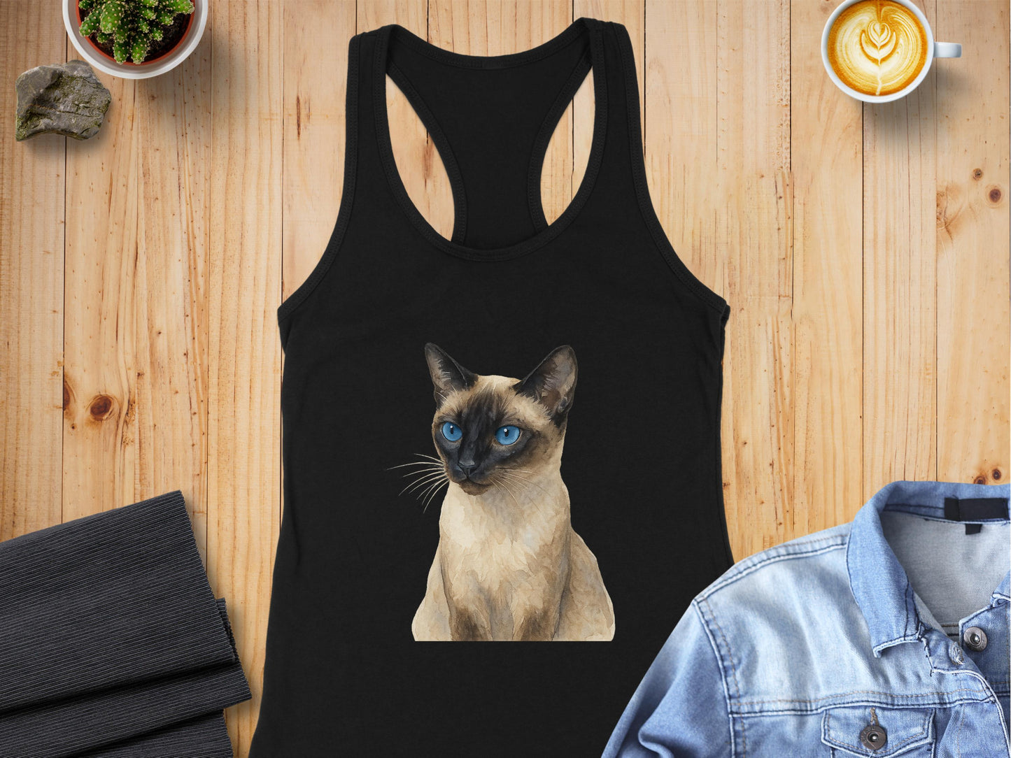 Siamese Cat Print on Black Racerback Tank Top product