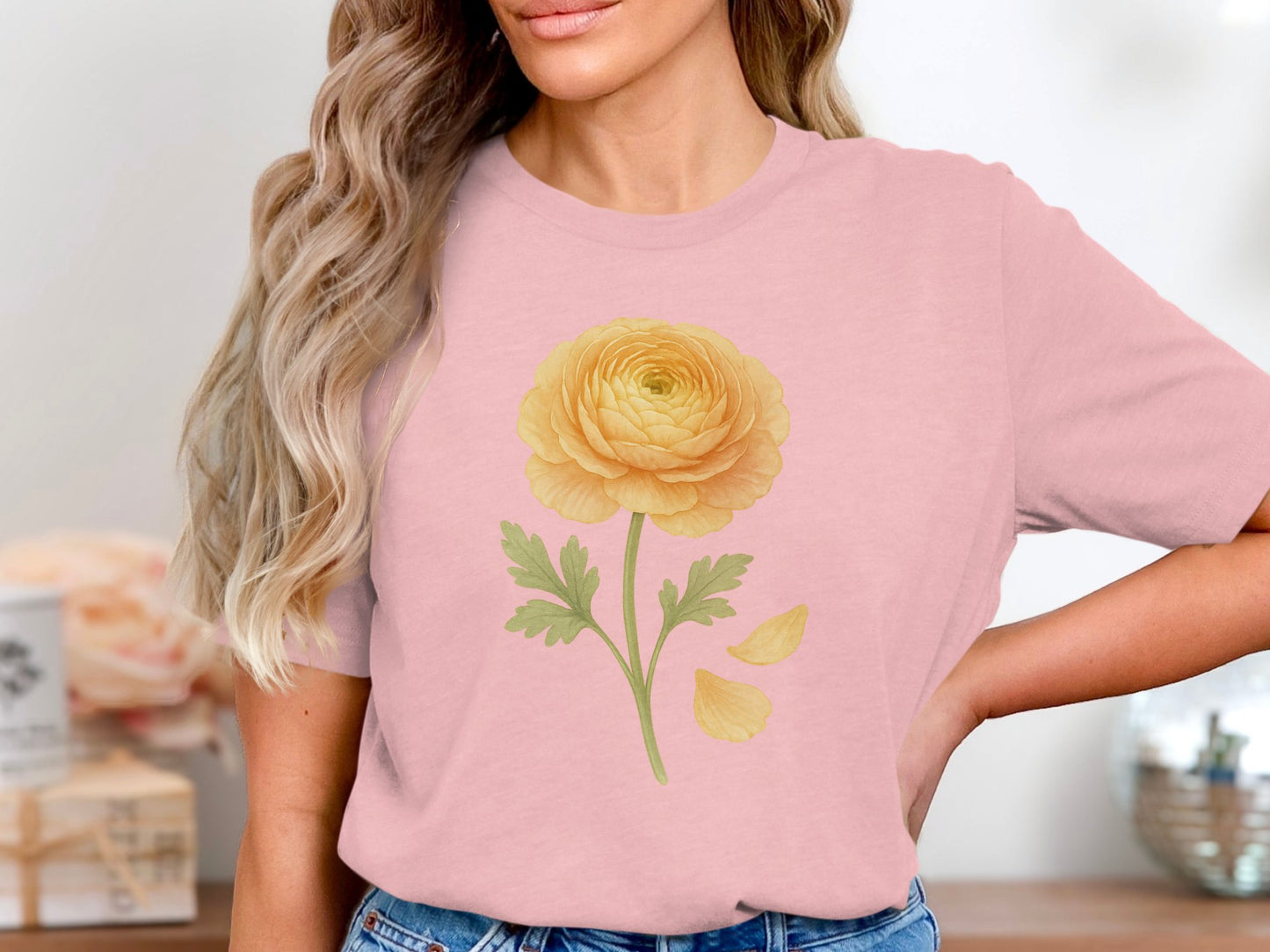 Yellow Flower Design on Light Pink T-Shirt product
