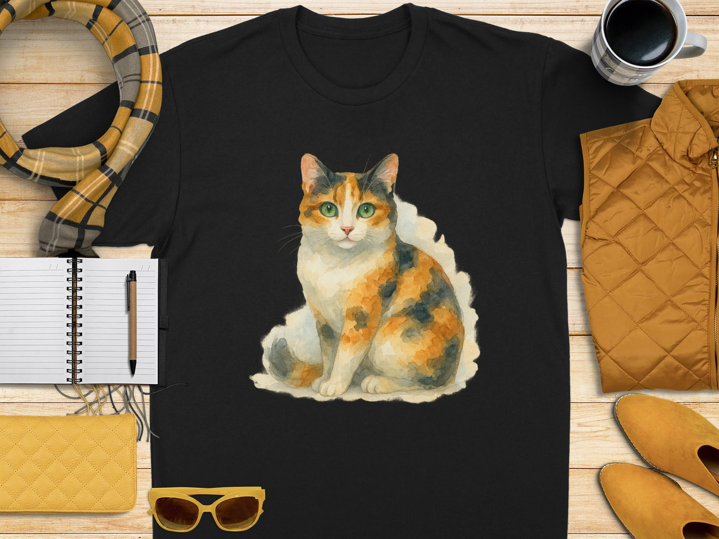 Adorable Calico Cat Graphic on Black Shirt product