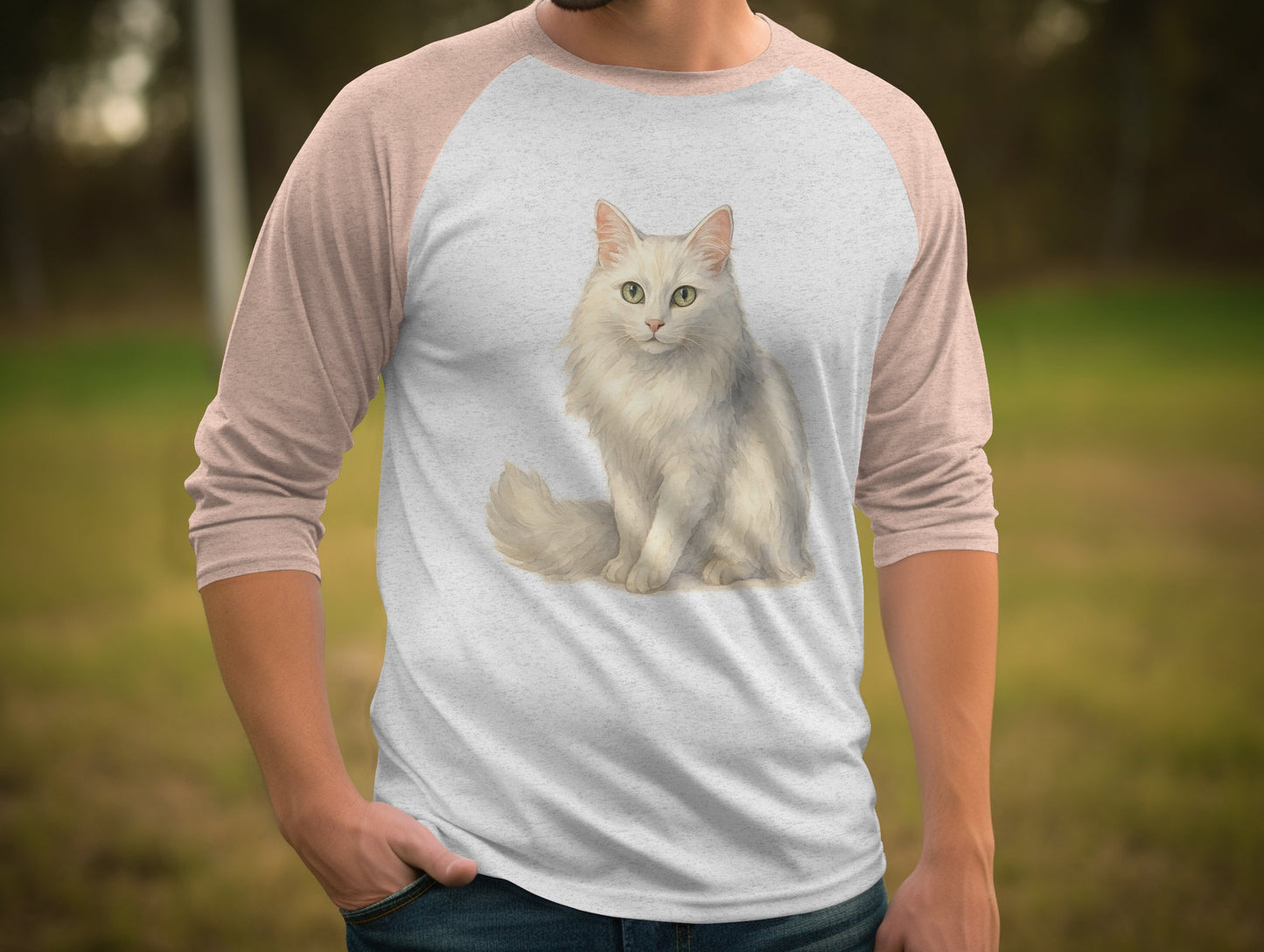 White Fluffy Cat Design on Soft Pink Sleeves Shirt product