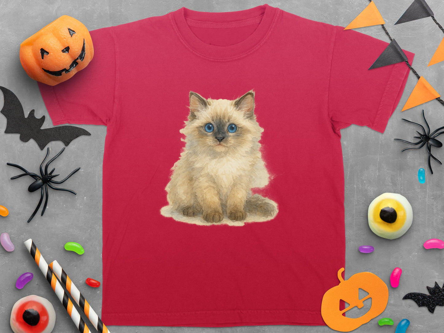 Cute Blue-Eyed Kitten Print on Red T-Shirt product