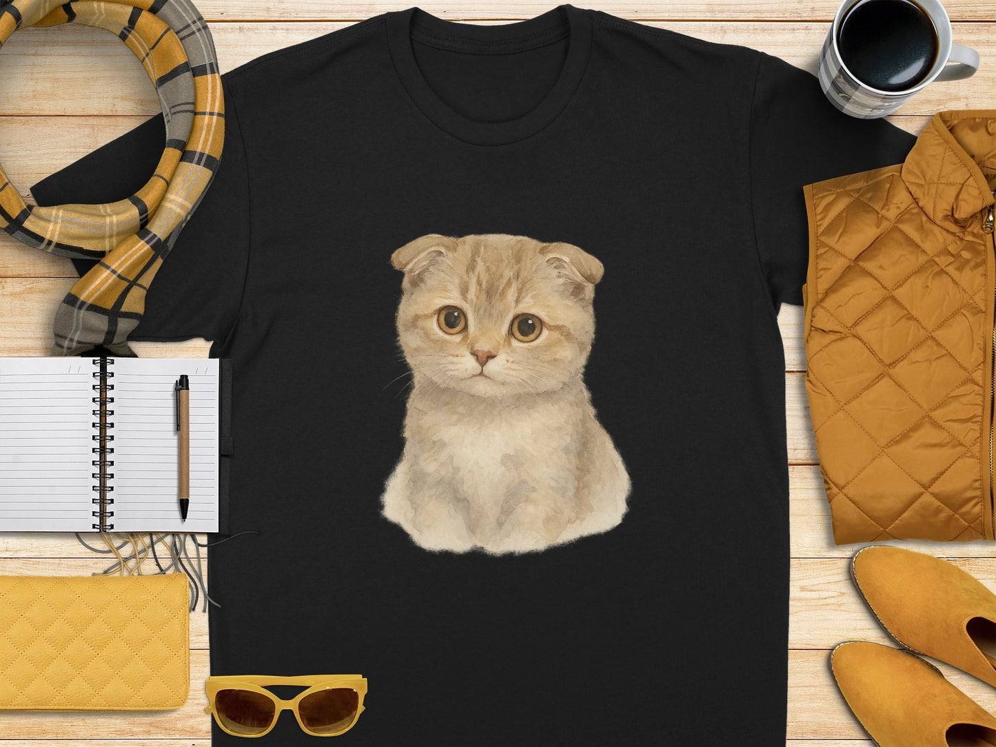 Cute Scottish Fold Kitten Print on Stylish Black product type