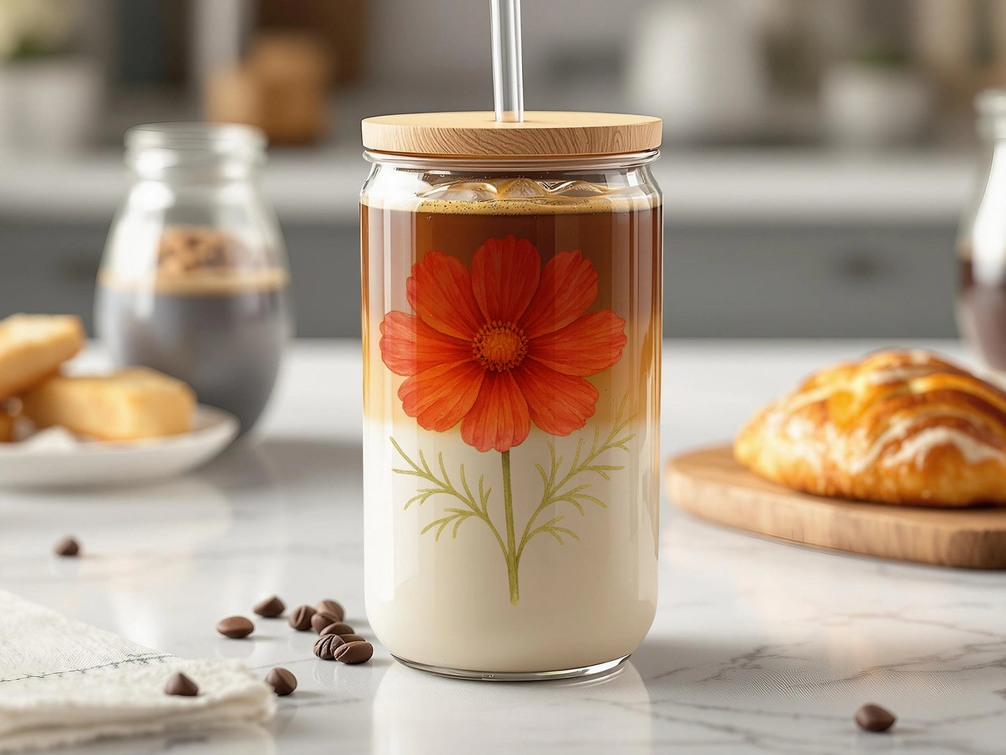 Floral Design Iced Coffee Glass Tumbler with Lid product type