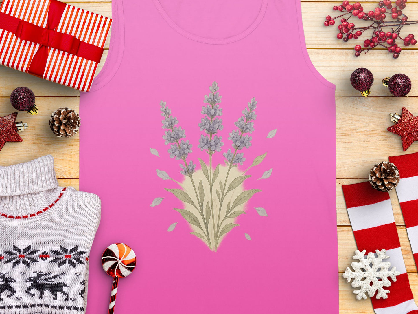Festive Pink Tank Top with Floral Bouquet Design product type