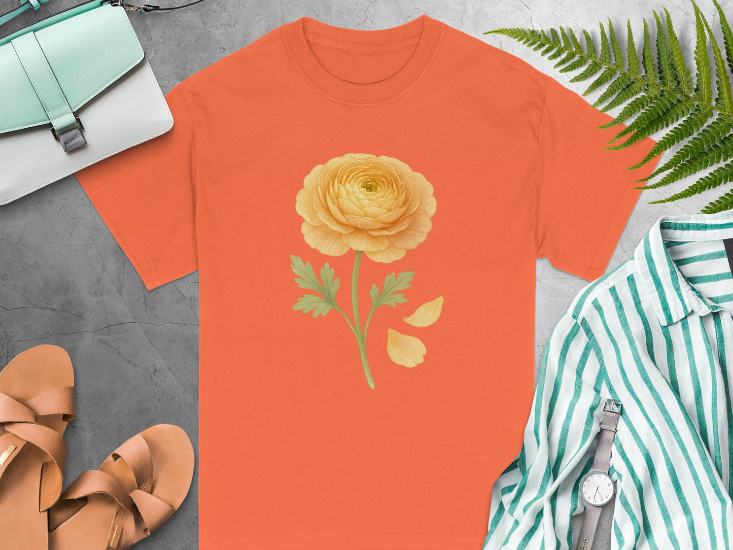 Stylish Orange Shirt with Yellow Flower Graphic Tee product type