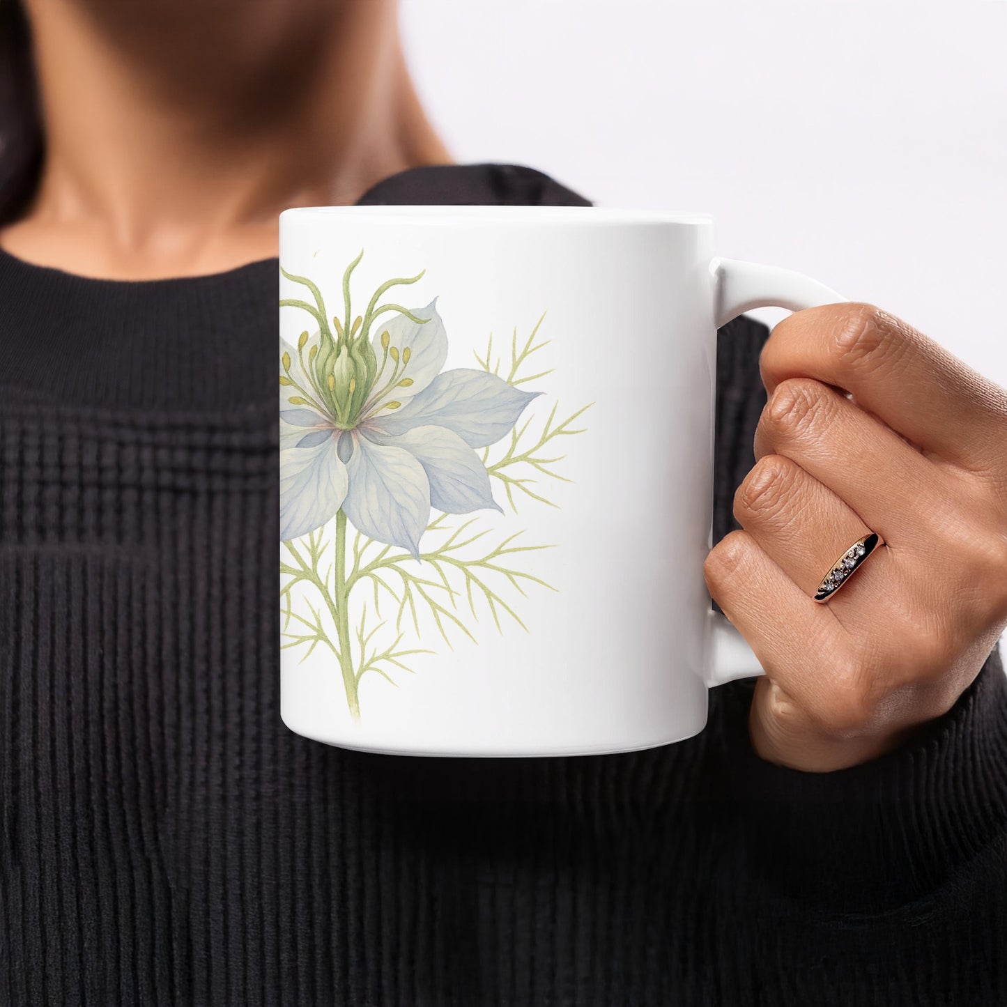 Floral Design White Coffee Mug with Unique Handle product