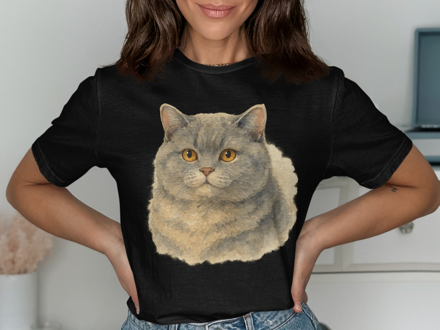 Adorable Fluffy Cat Graphic on Black T-shirt product