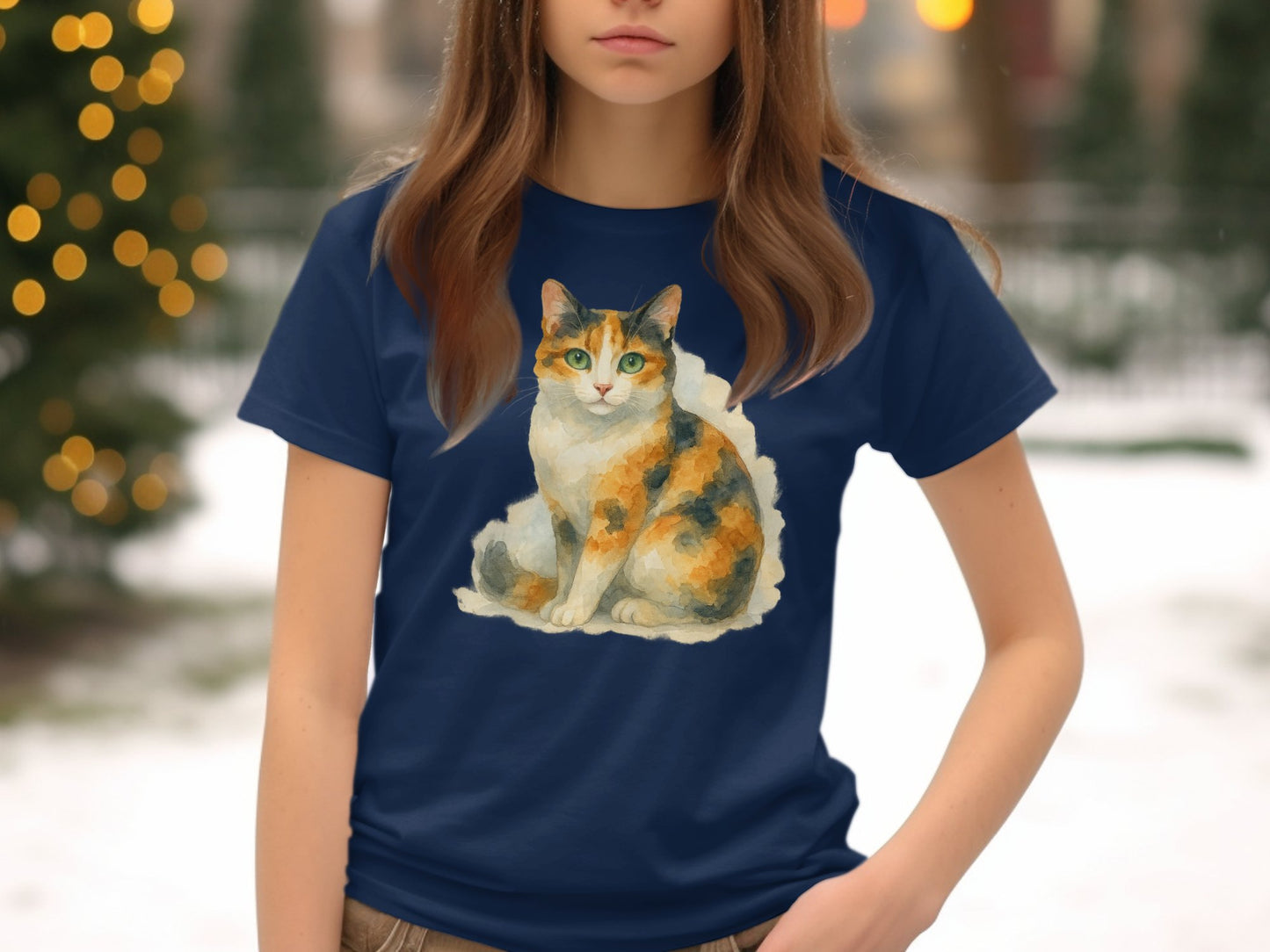 Artistic Calico Cat Design on Blue Shirt product type