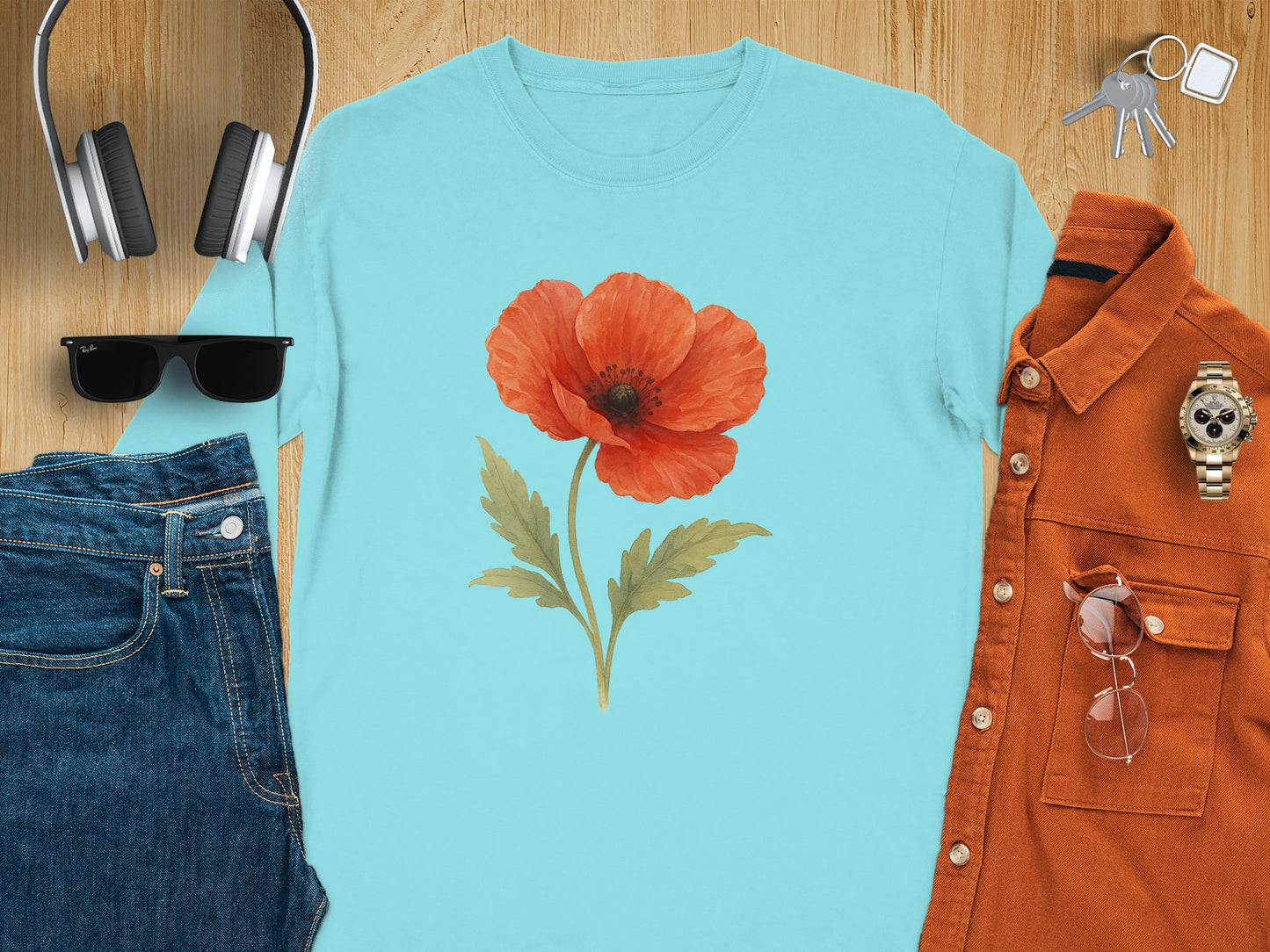 Vibrant Red Flower Illustration on Blue Shirt product type