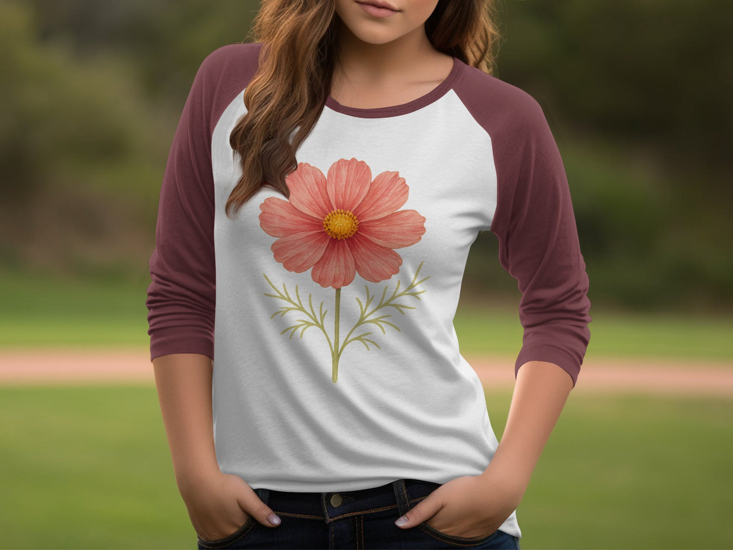 Stylish Baseball Tee with Pink Flower Design product type