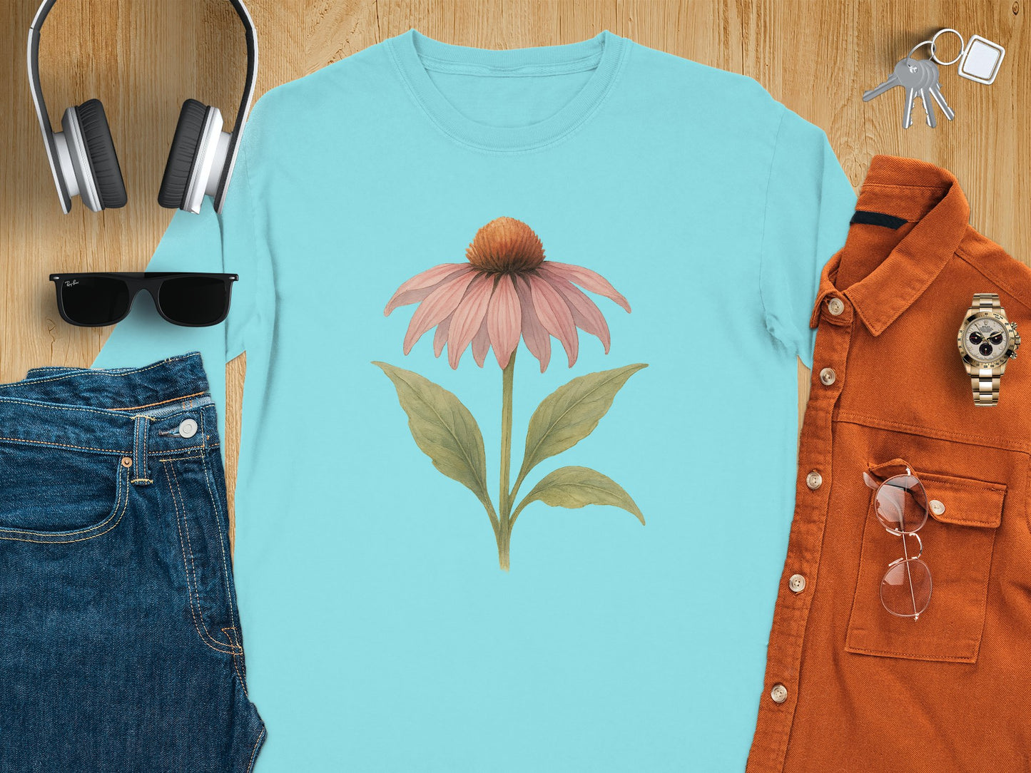 Pink Daisy Graphic on Blue T-shirt Casual Wear product type