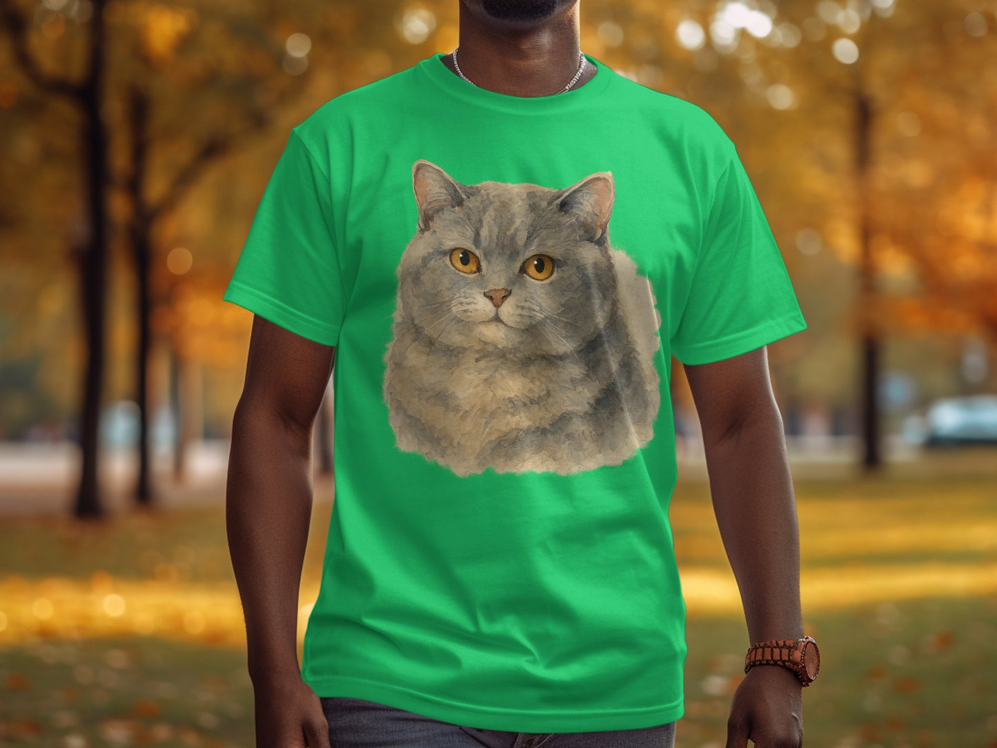 Green T-Shirt Featuring Realistic Cat Design product type