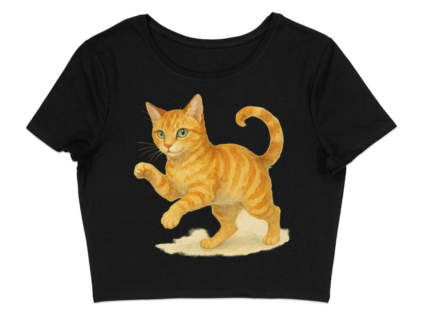 Adorable Playful Orange Cat Print Black Crop Top product type