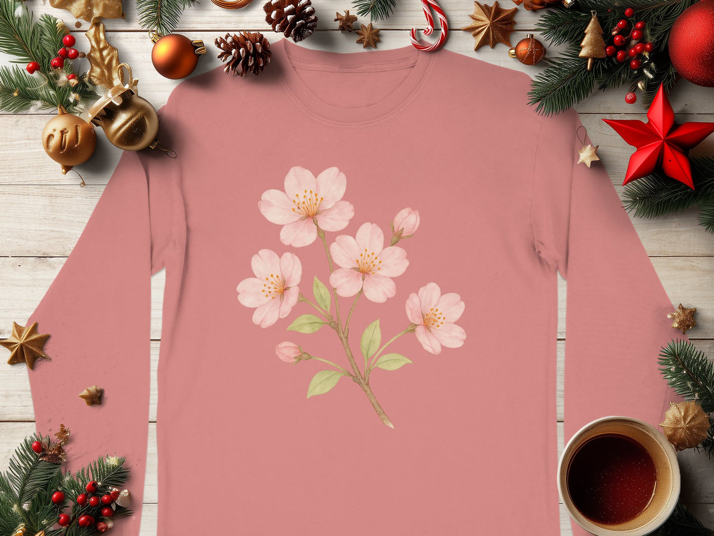 Festive Floral Cherry Blossom Long Sleeve Shirt Product