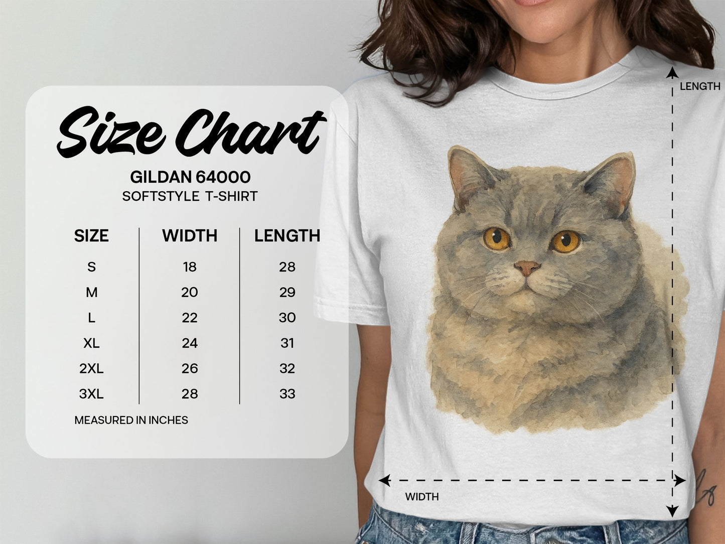 Size Chart with Grey Cat Design T-Shirt product
